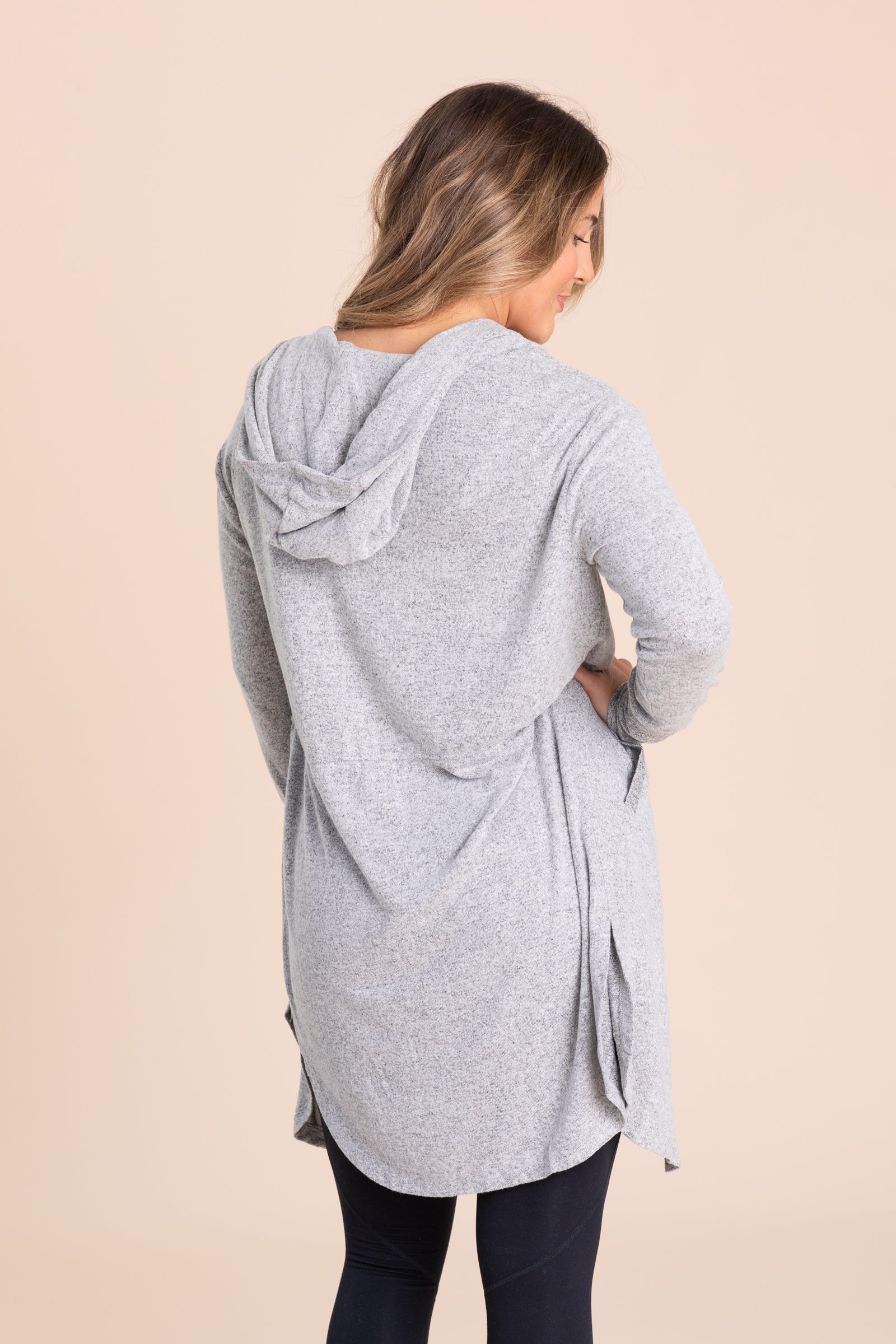 Grey Open Front Hooded Hacci Cardigan
