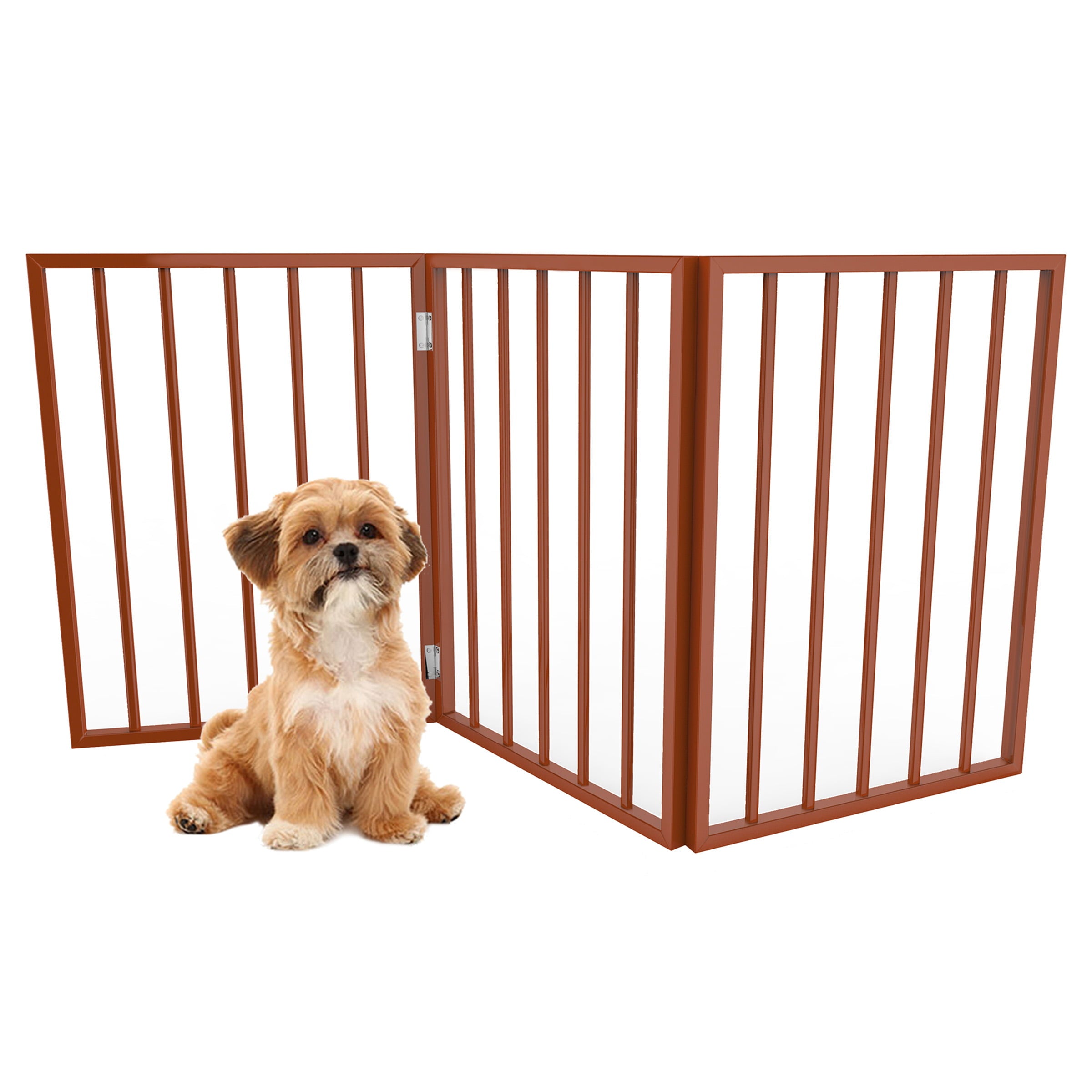 Indoor Pet Gate - 3-Panel Retractable Dog Gate for Stairs or Doorways - 24-Inch Freestanding Folding Pet Fence for Cats and Dogs by PETMAKER (Mahogany)