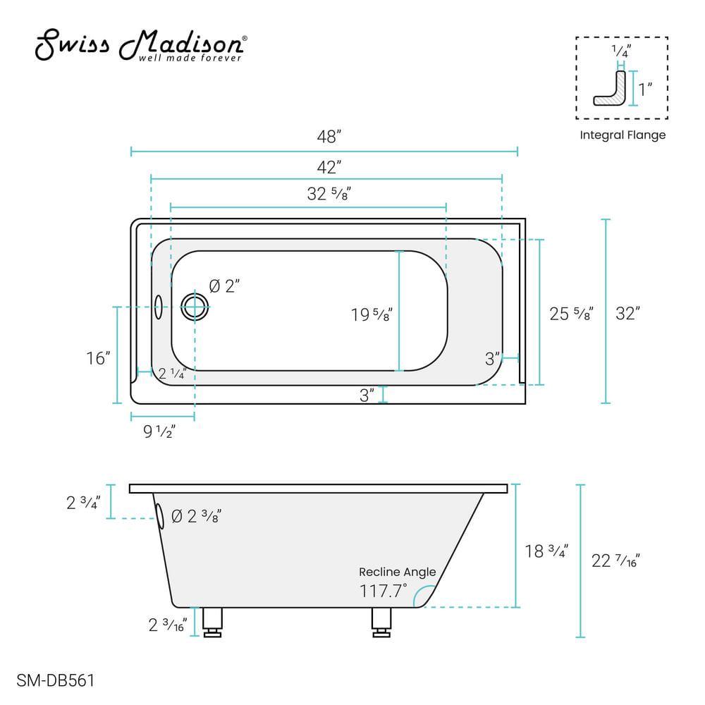 Swiss Madison Voltaire 48 in x 32 in Acrylic Rectangular Dropin LeftHand Drain Bathtub in Glossy White