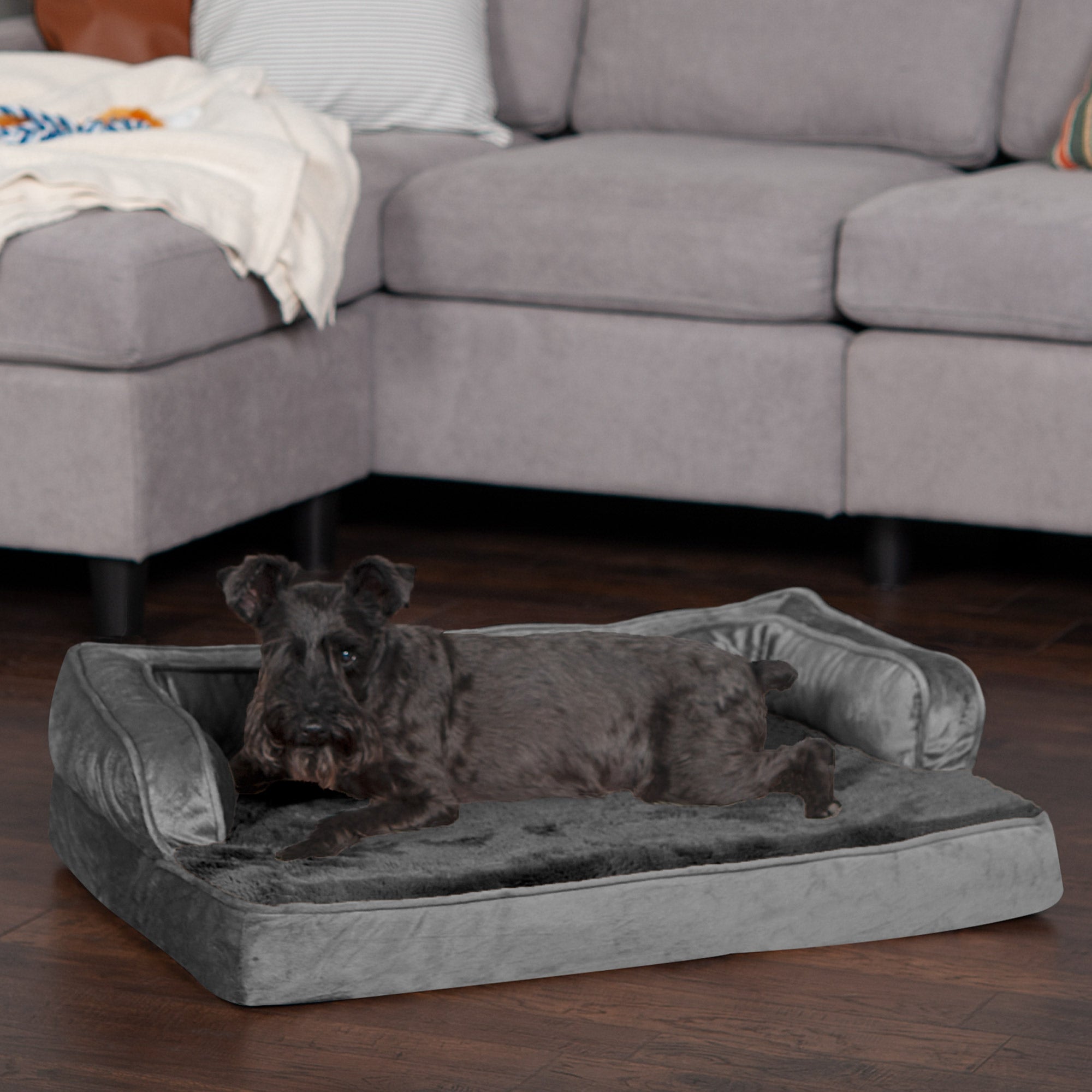 FurHaven Pet Products | Orthopedic Plush and Velvet Comfy Couch Sofa-Style Pet Bed for Dogs and Cats， Dark Gray， Medium