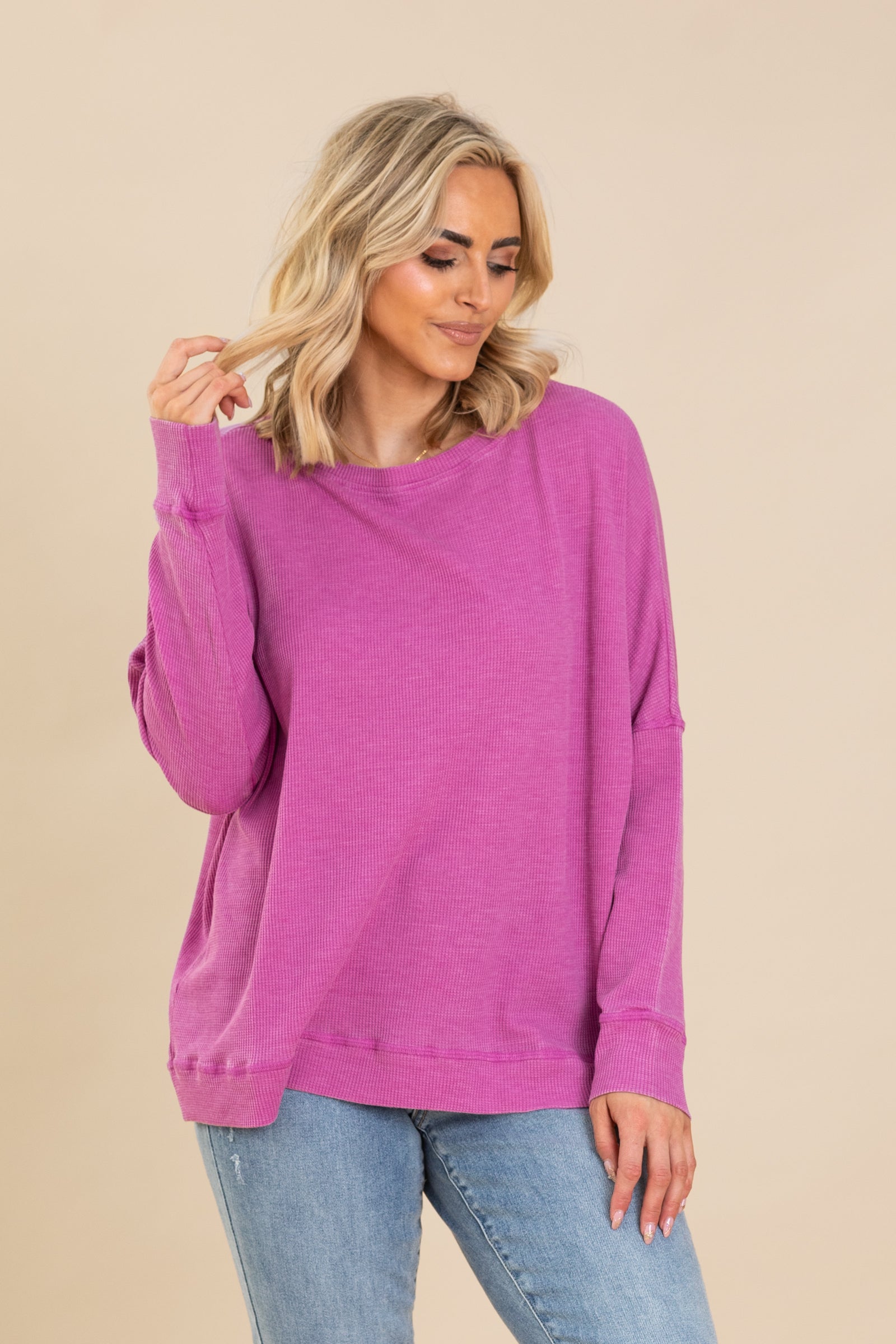Waffle Ribbed Roundneck Knit Pullover