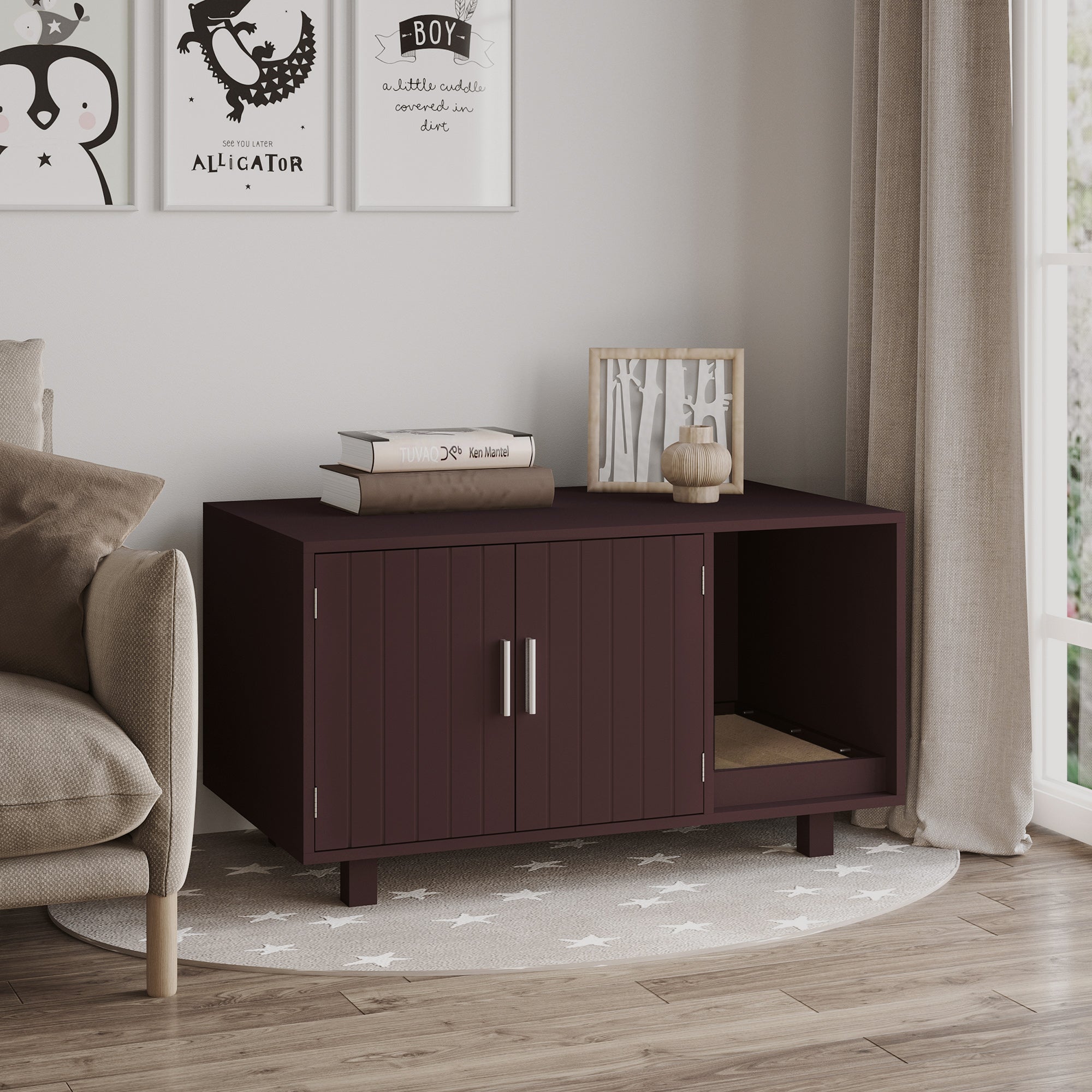 PawHut Cat Litter Box Enclosure and House w/ Nightstand/End Table Design， Brown