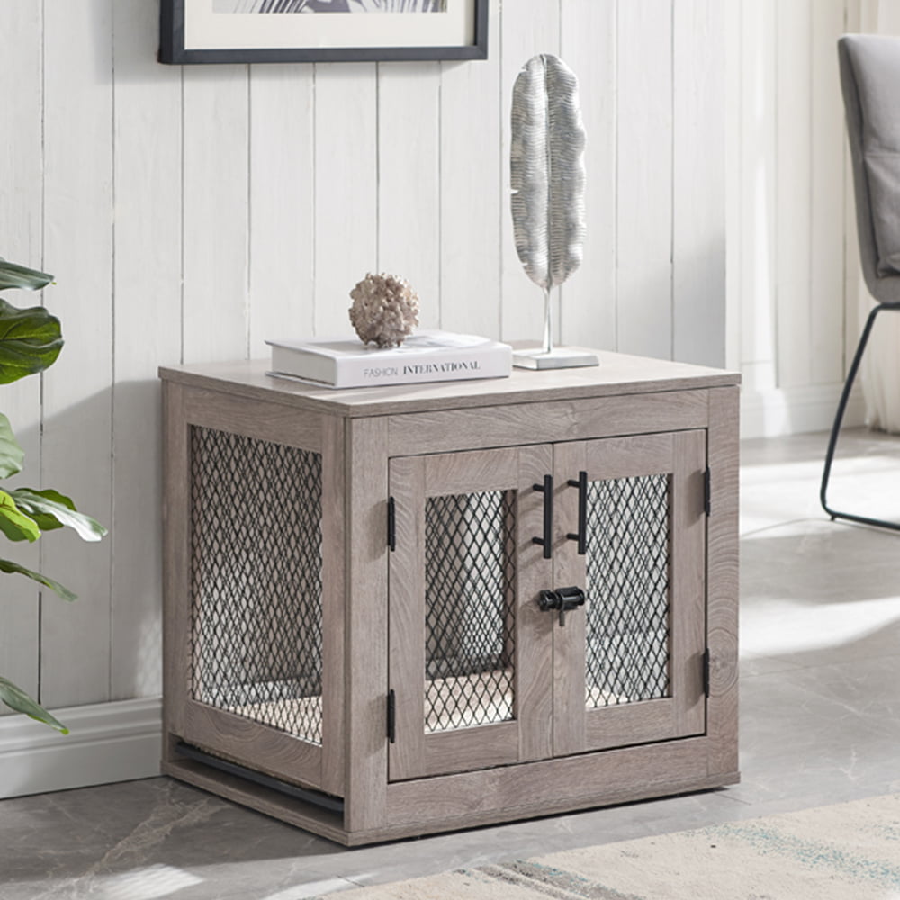 Unipaws Furniture Style Dog Crate with Tray，Wooden Dog Kennel Mesh Dog House Small Size