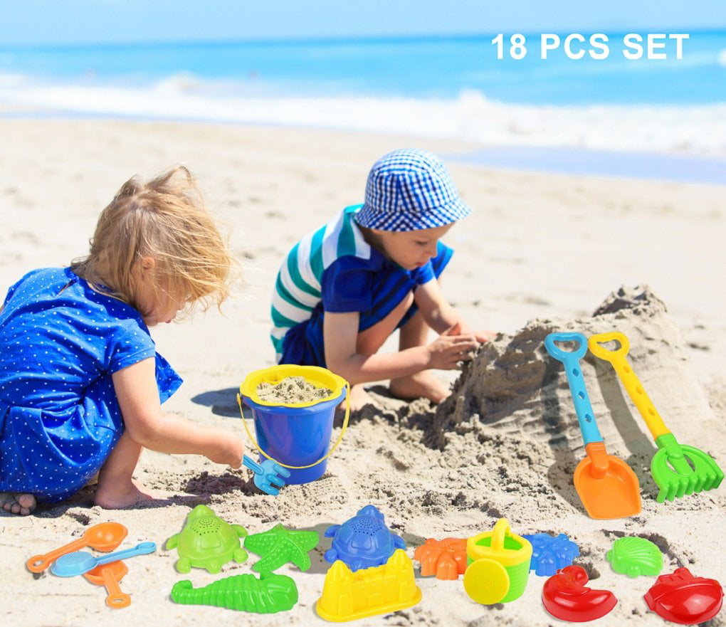 Click N Play 18 Piece Beach sand Toy Set, Bucket, Shovels, Rakes, Sand Wheel, Watering Can, Molds,
