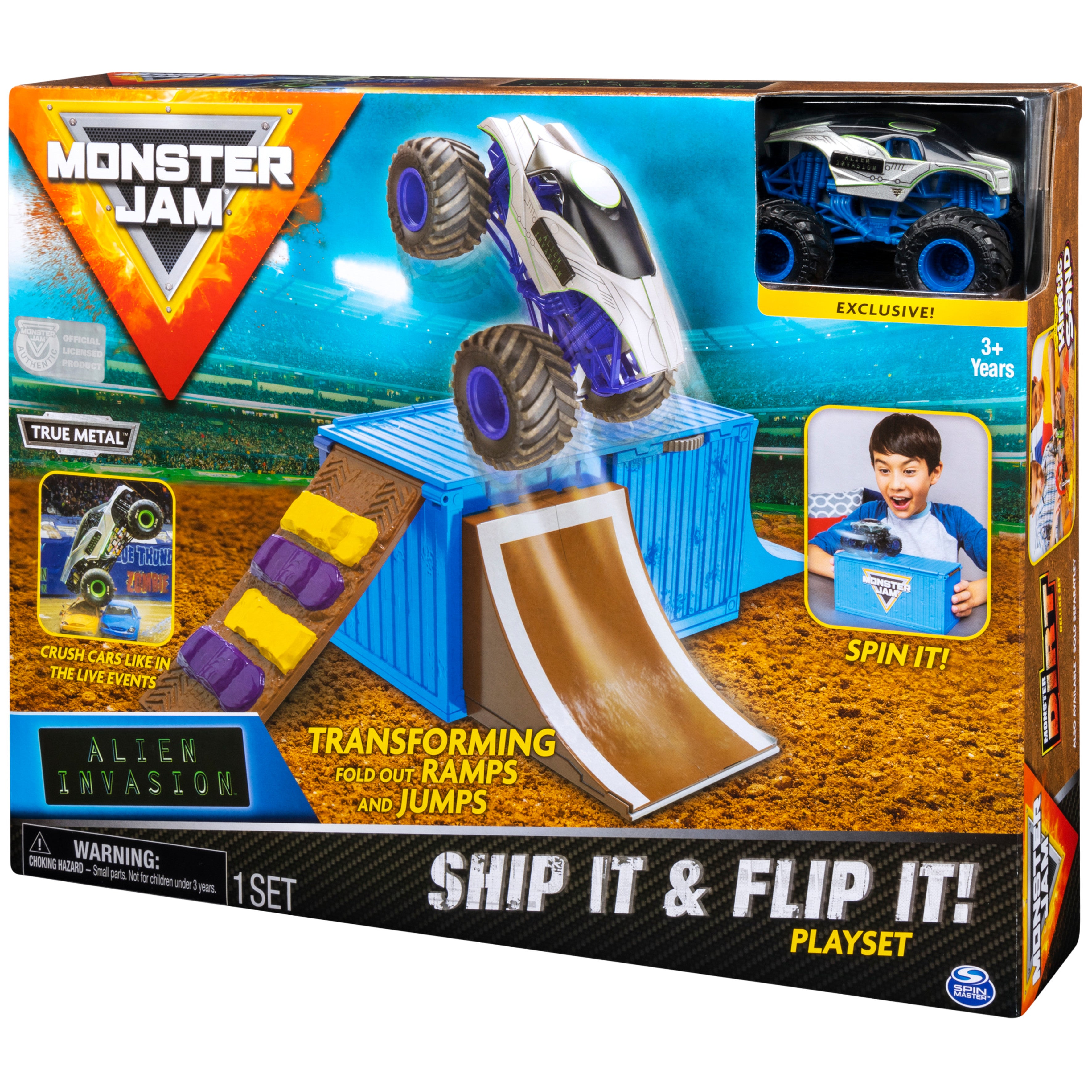 Monster Jam， Ship It and Flip It Transforming Playset with Exclusive 1:64 Scale Die-Cast Monster Jam Truck