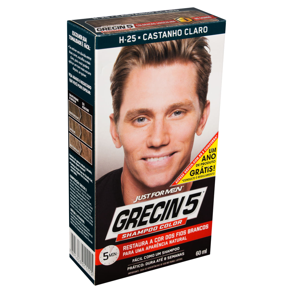 Shampoo Color Grecin 5 Just for Men Tonalizante H-25 Castanho Claro 60 ml