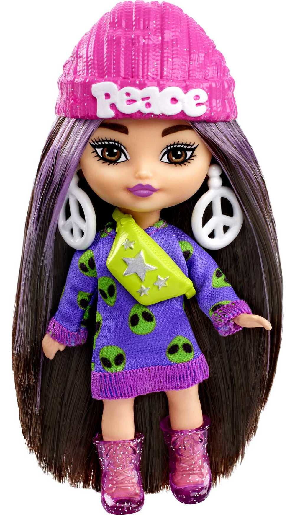 Barbie Extra Mini Minis Doll with Brunette Hair, Alien Sweater Dress & Peace-Sign Themed Accessories