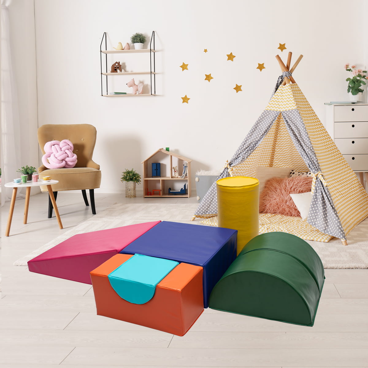 6-Piece Kids Soft Play Corner Climbers Foam Play Set Indoor Climbers for Toddler 1-3，Pink/Blue