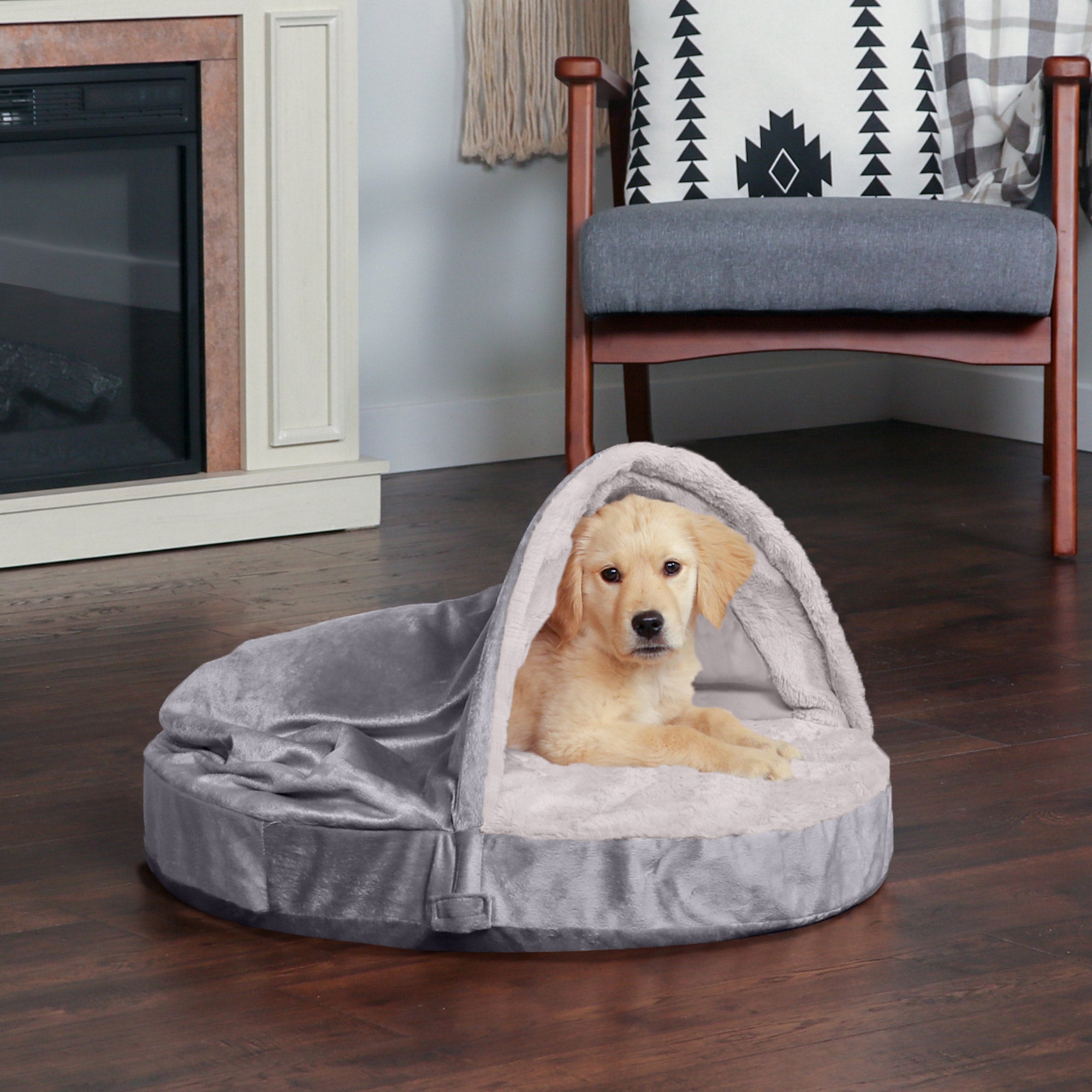 FurHaven | Memory Foam Wave Fur and Velvet Snuggery Burrow Pet Bed for Dogs and Cats， Dark Gray， 26-Inch