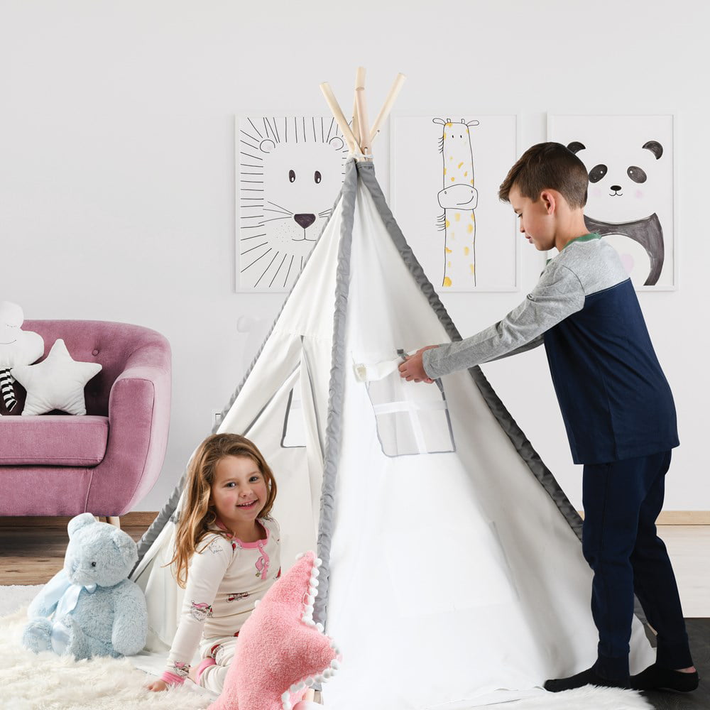 Teepee Tent For Kids With Mat - Foldable Kids Natural Cotton Canvas Teepee Play Tent With Wood Poles And Carry Case - Play Tents For Girls Boys, Indoor Outdoor Kids Playhouse Tent -Play22USA