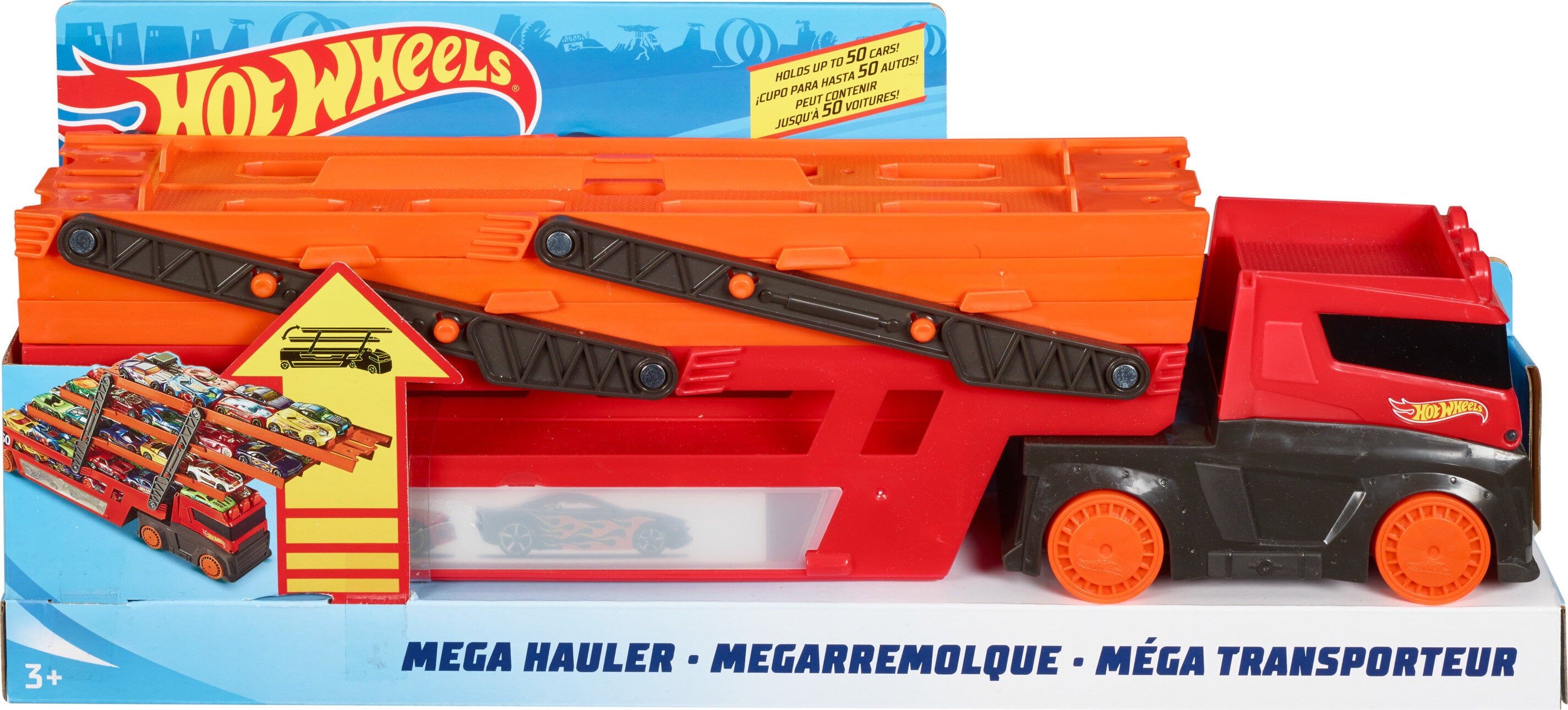 Hot Wheels Mega Hauler with 6 Expandable Levels， Stores up to 50 1:64 Scale Toy Vehicles