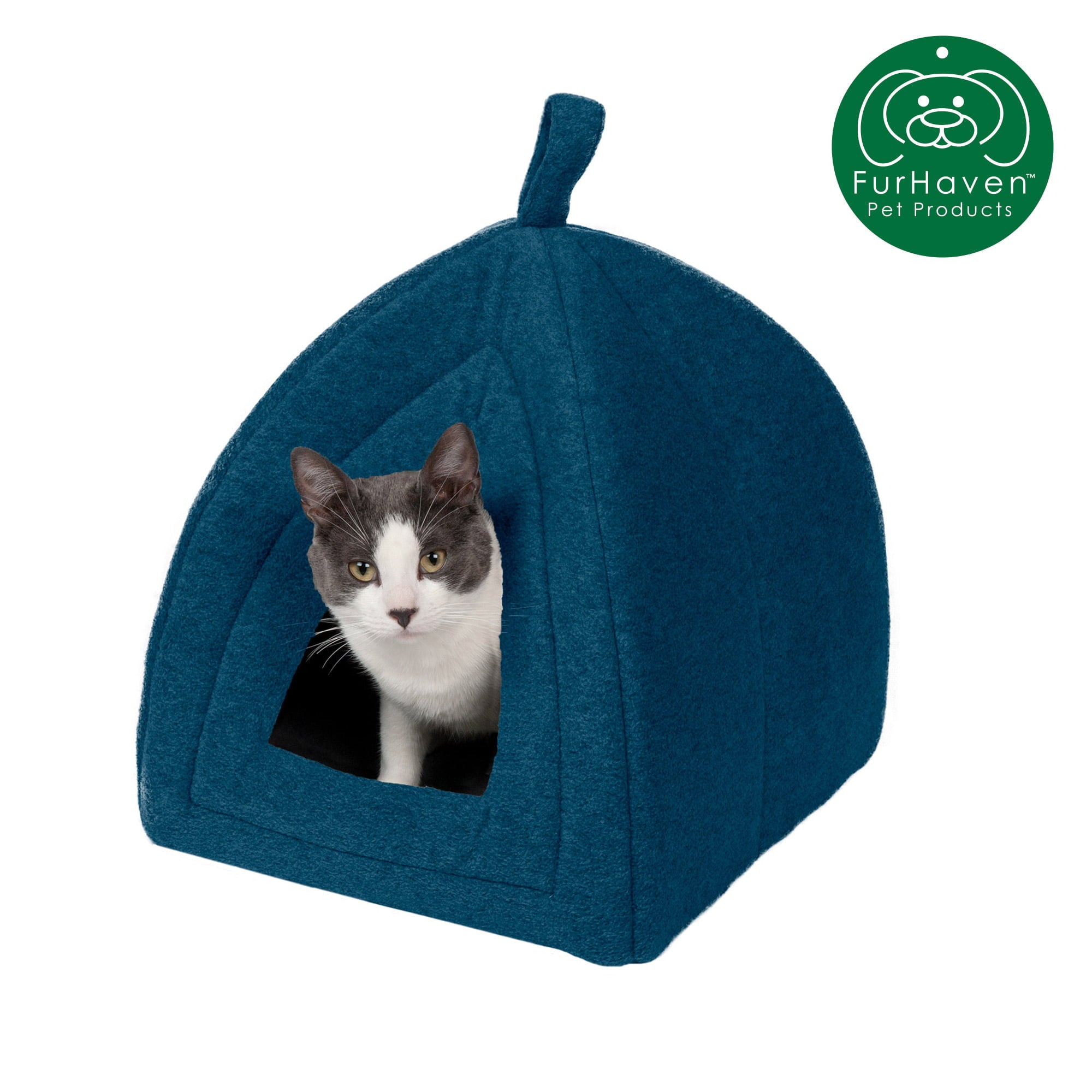 FurHaven Pet Cat Bed | Fleece Hooded Tent House Pet Bed for Cats and Small Dogs， Lagoon Blue