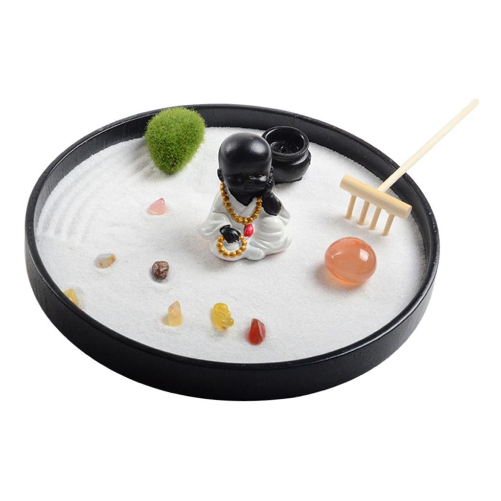 Round Garden W/Figurines Wooden Meditating Sandbox Dia 8.2