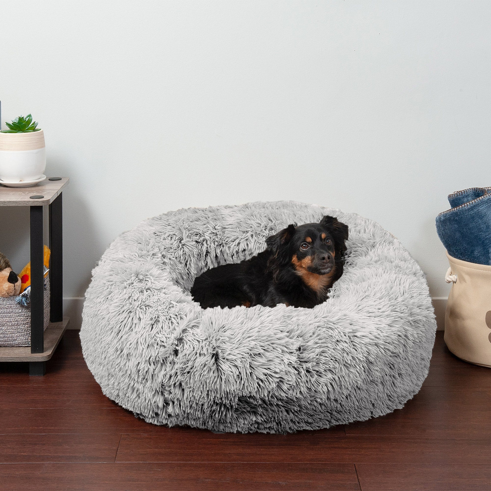 FurHaven | Calming Cuddler Long Fur Donut Pet Bed for Dogs and Cats， Mist Gray， Medium