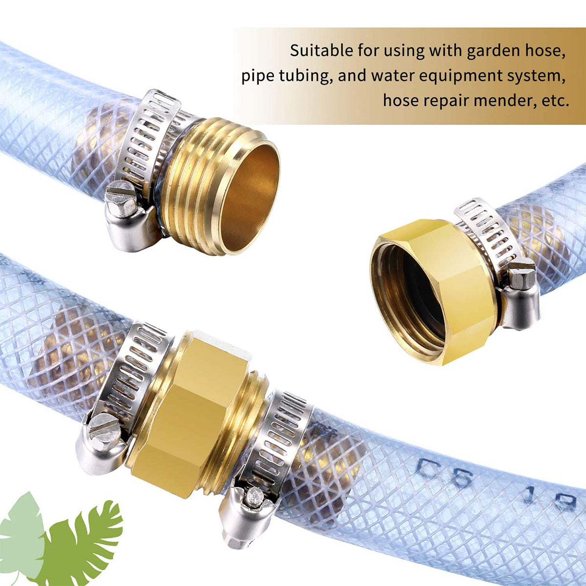 4 Pack 5/8 Inch Brass Garden Hose Repair Kit，Male and Female Hose Fittings，Garden Hose Fitting with 8 Pieces Stainless Steel Clamps