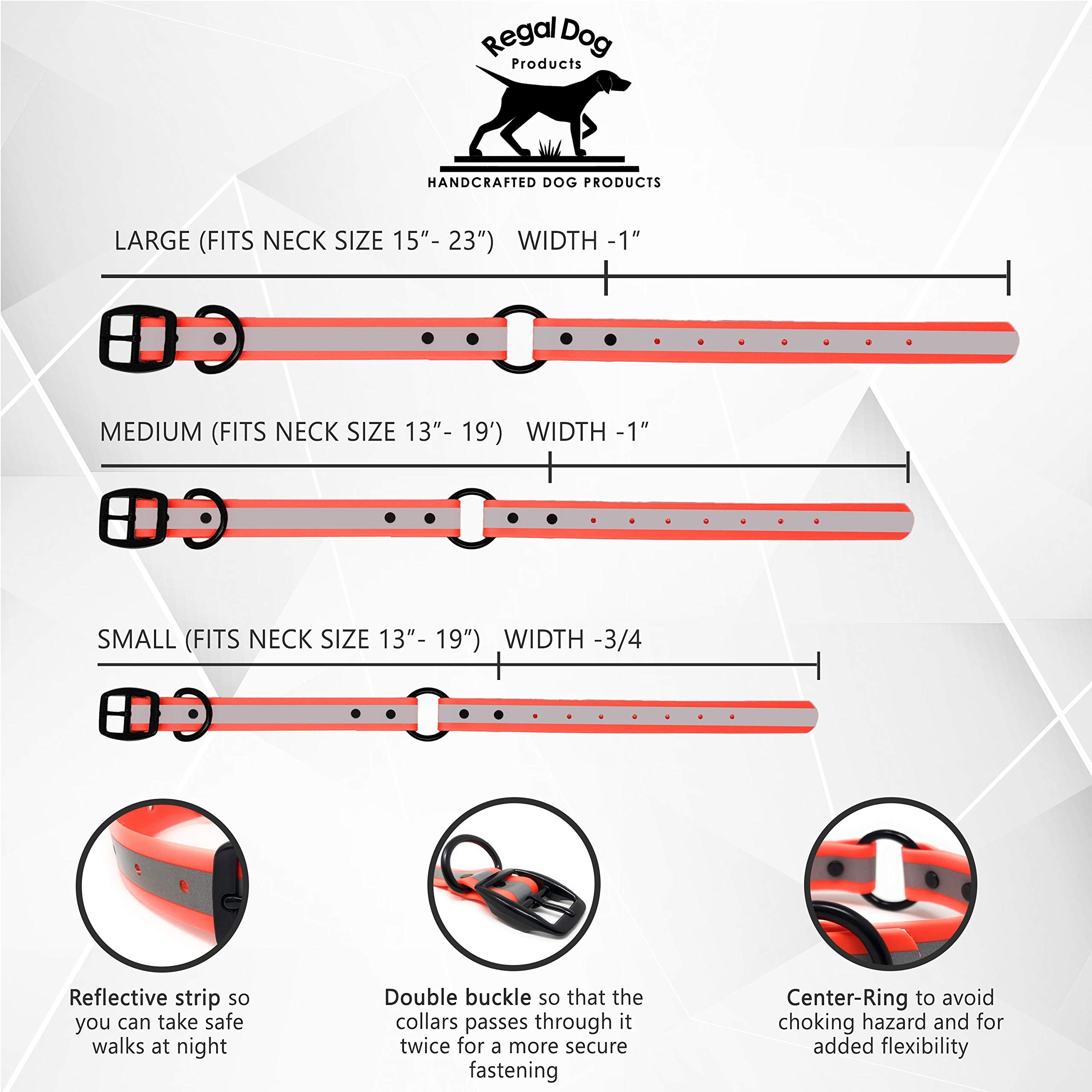 Regal Dog Products Reflective Waterproof Hunting Dog Collar with Heavy Duty Black Hardware Center Ring and Buckle