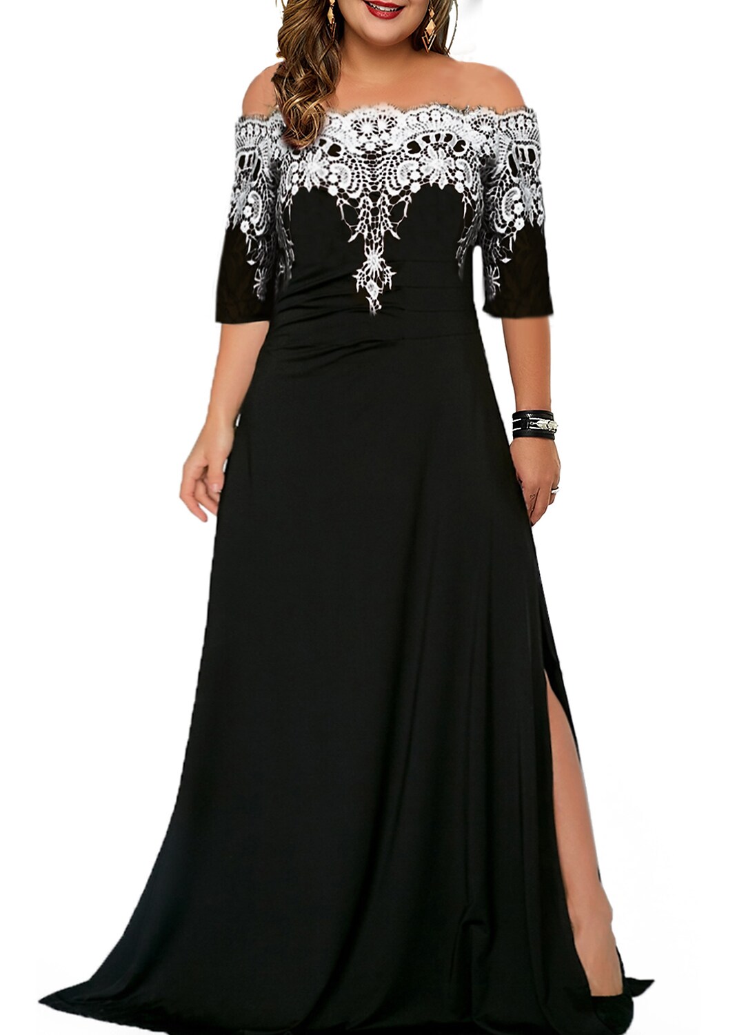 Women's Plus Size Party Dress Floral Off Shoulder Half Sleeve Fall Winter Formal Prom Dress Maxi long Dress Formal Party Dress