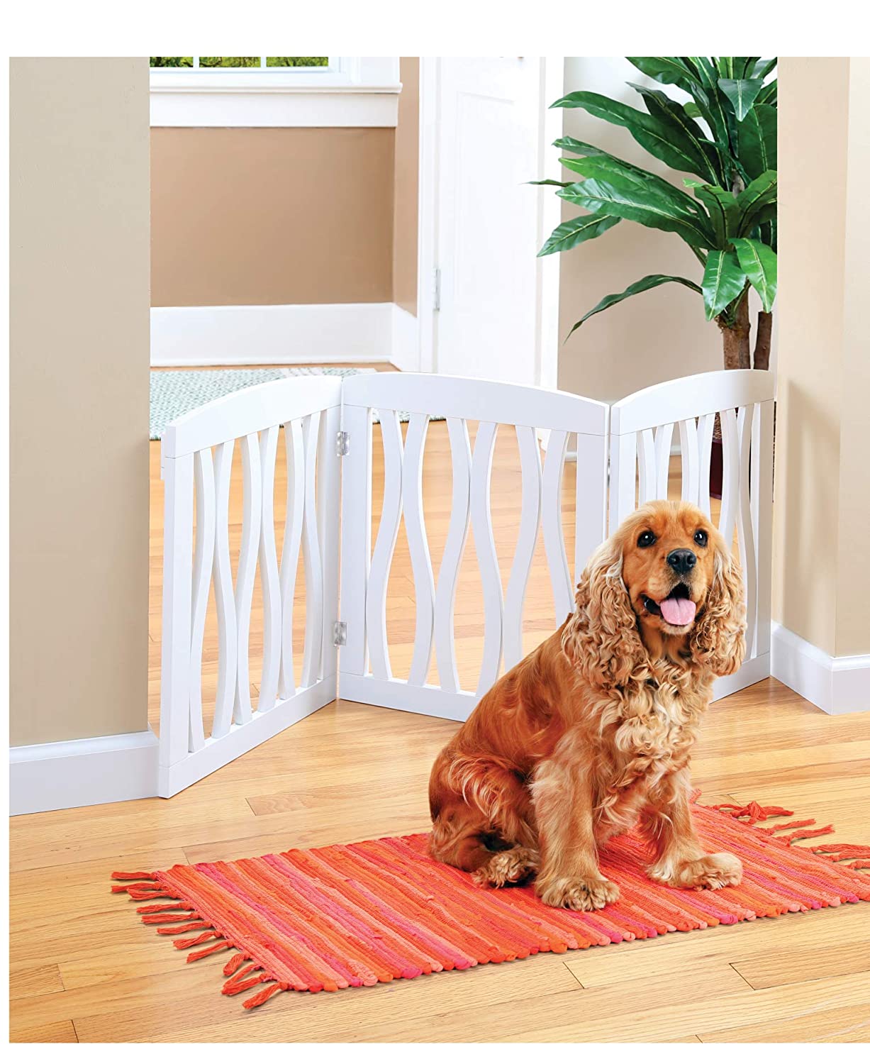 Zoogamo White Wooden Waves Design Pet Gate， Indoor， Outdoor Barrier for Stairs