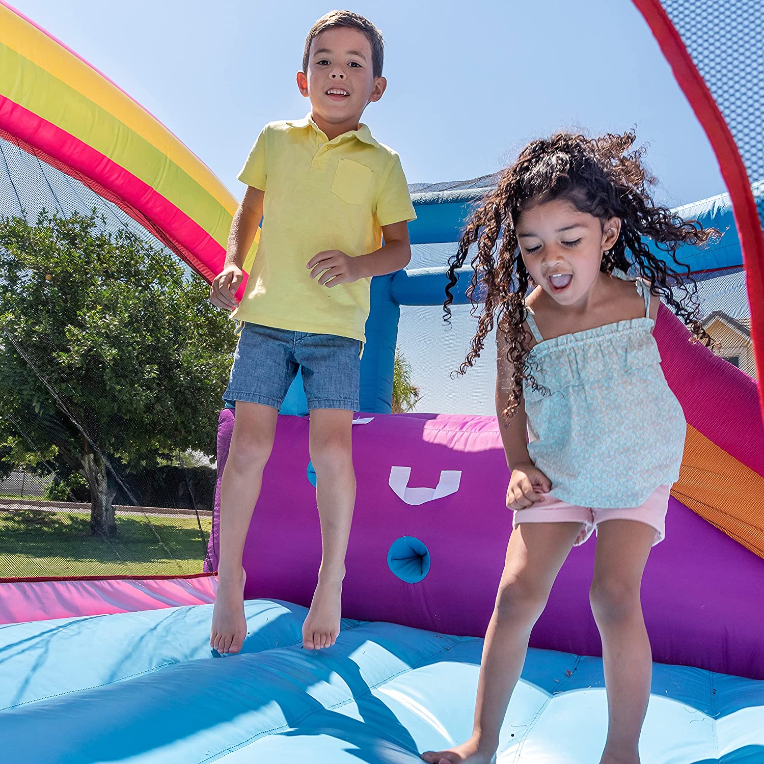 TURFEE Sky and Rainbow Inflatable Bounce House with Side Slide for Kids