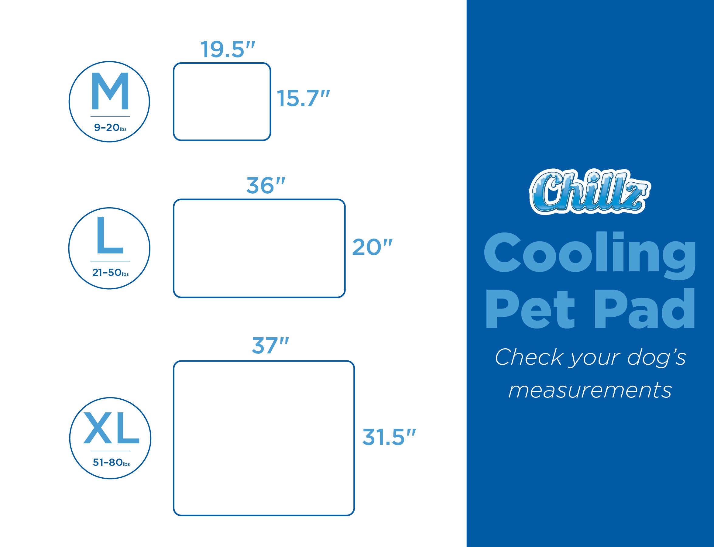 CHILLZ Pressure Activated Cooling Pad for Dogs， Large - Blue， 36 x 20 inches