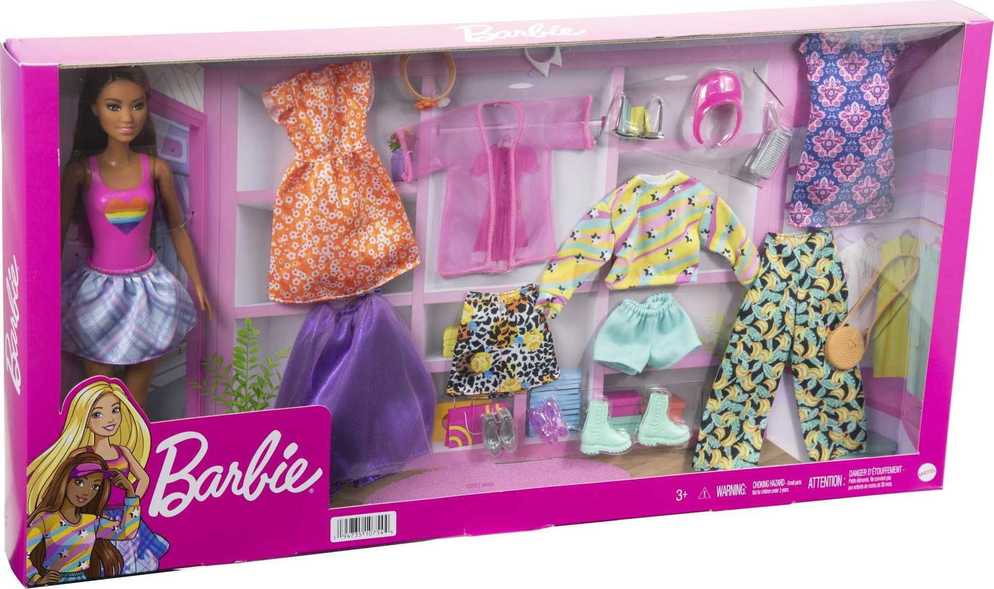 Barbie Doll with 19-Piece Fashion Pack, Clothes & Accessories for 7 Outfits, Brown Hair