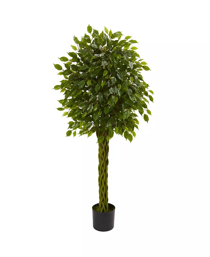 Nearly Natural 5' Ficus UV-Resistant Indoor Outdoor Artificial Tree with Woven Trunk