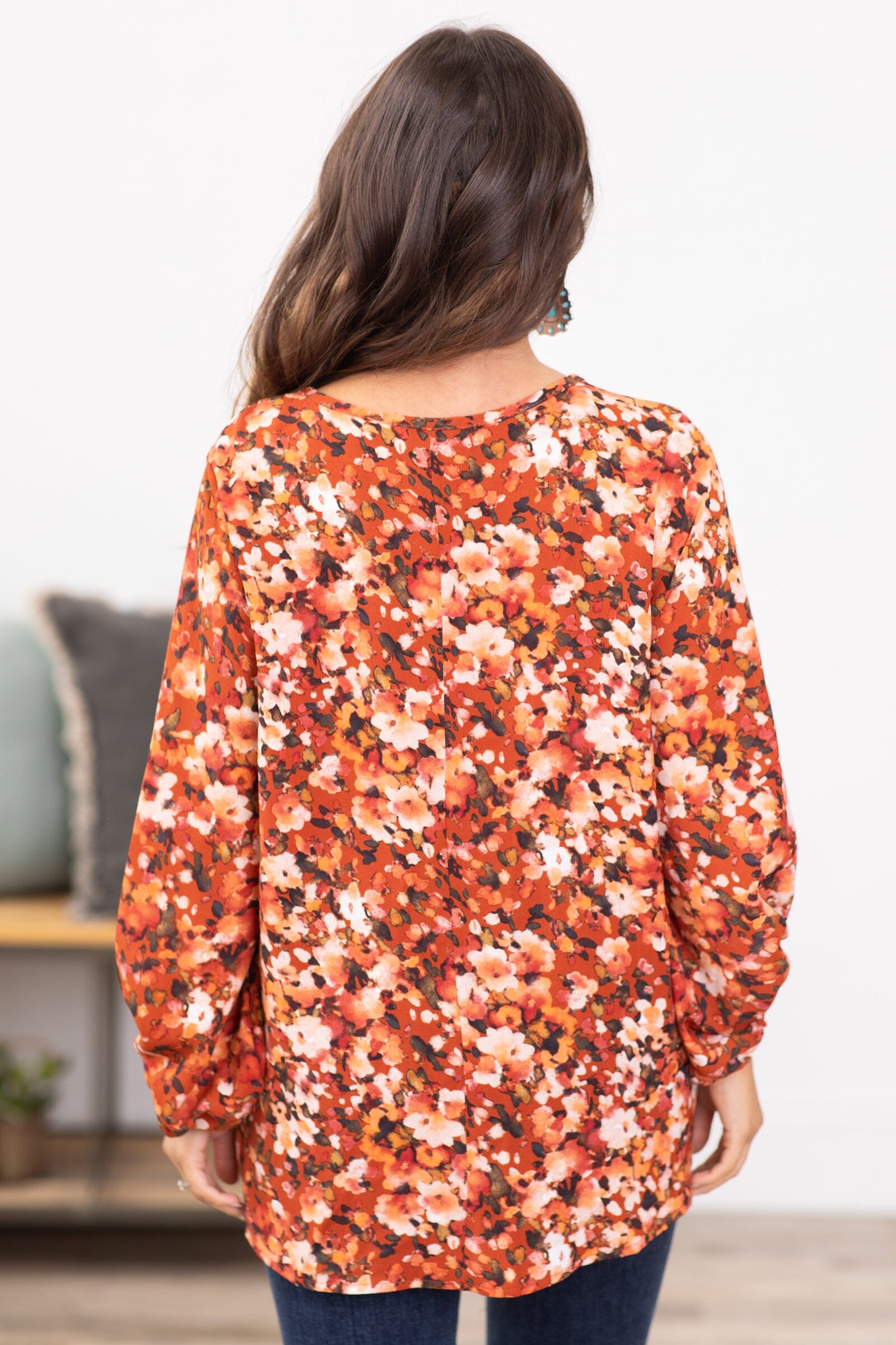 Rust and Orange Floral Print V-Neck Top