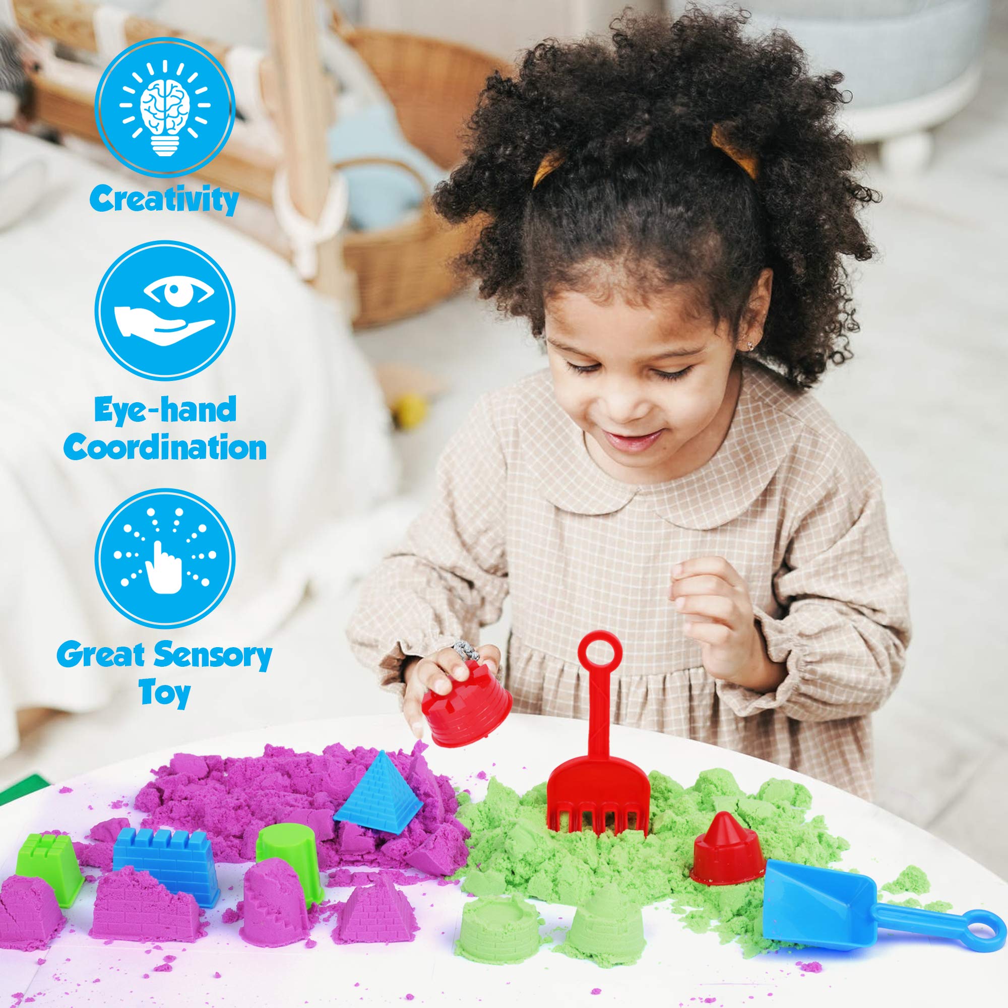 Playkidz Sandmax 2.3LB Bucket - Beach Day Fun Playset with Castle Molds, Tools, and Clingy Moving Sand -Reusable Storage Container - Sensory Activity and Development - Ages 3+