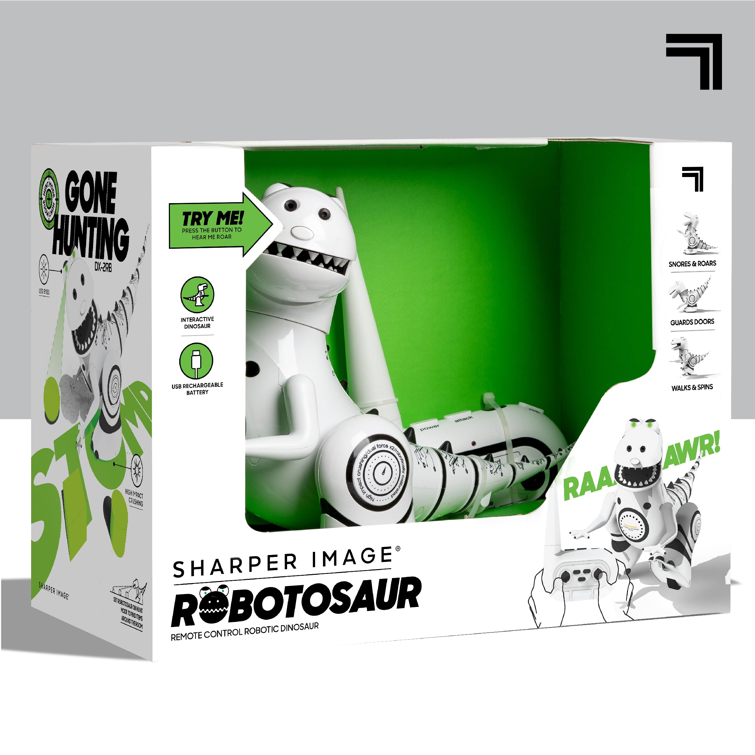 Sharper Image Interactive RC Robotosaur Dinosaur， Built-in Mood Sensors and Color-Changing LED Eyes， Motion Detection， Growls， Snores， Battery Operated- White/Black