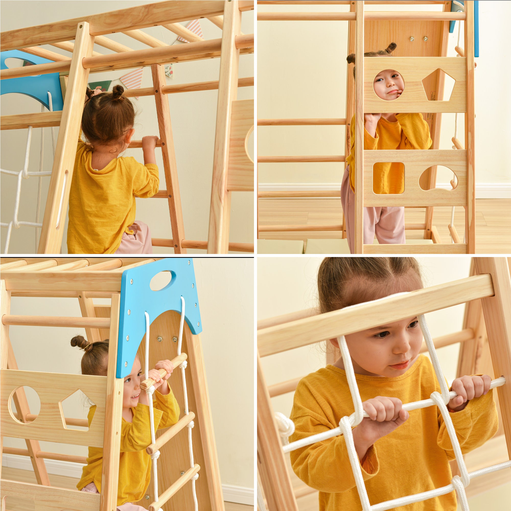 Style Jungle Gym with Slide， Toddlers Wooden Climber 8-in-1 Slide Playset， Wooden Rock Climbing Wall with Rope Wall Climb