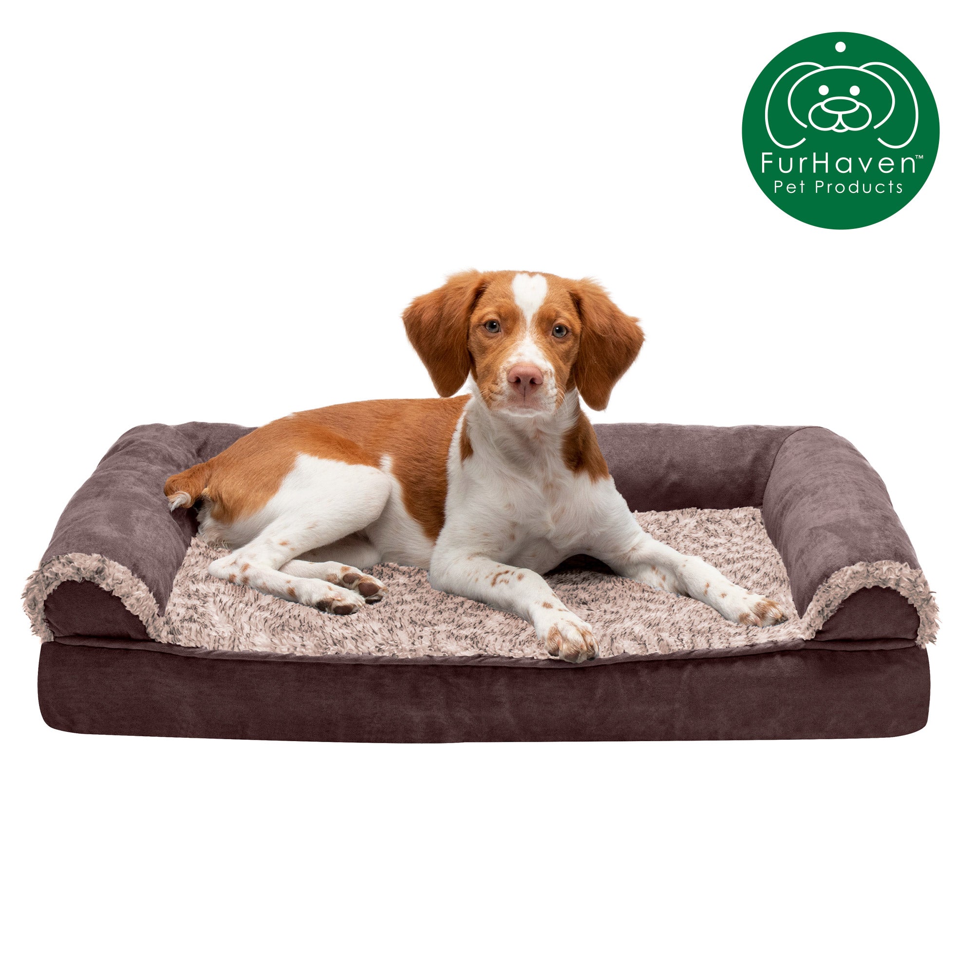FurHaven Pet Products | Memory Foam Two-Tone Faux Fur and Suede Sofa-Style Couch Pet Bed for Dogs and Cats， Espresso， Medium