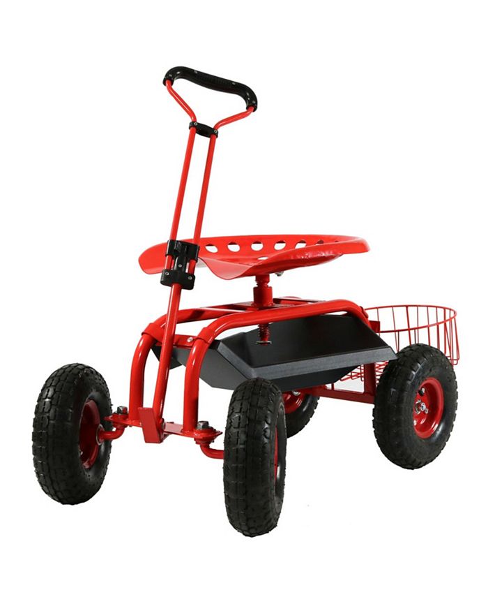 Sunnydaze Decor Steel Rolling Garden Cart with Swivel Steering Planter - Red
