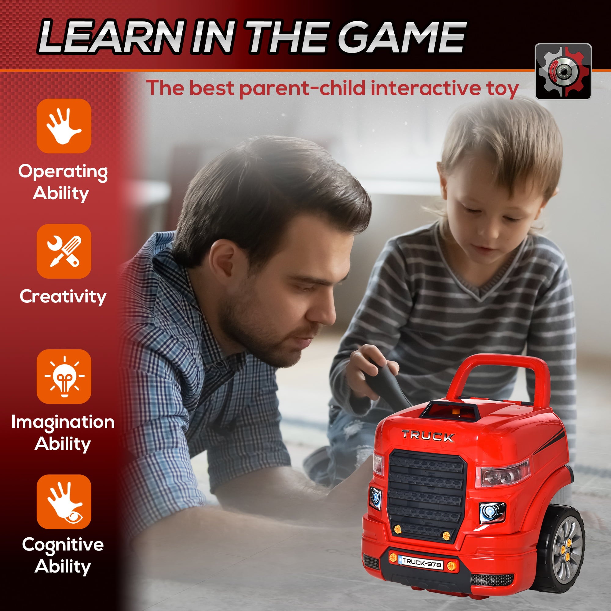 Qaba Kids Truck Engine Toy Set， Educational Car Service Station Playset， Engine Disassembly Play Workshop， Includes 61 Pieces Accessories， Steering Wheel， Light， Key Fob for 3-5 Years Old， Red