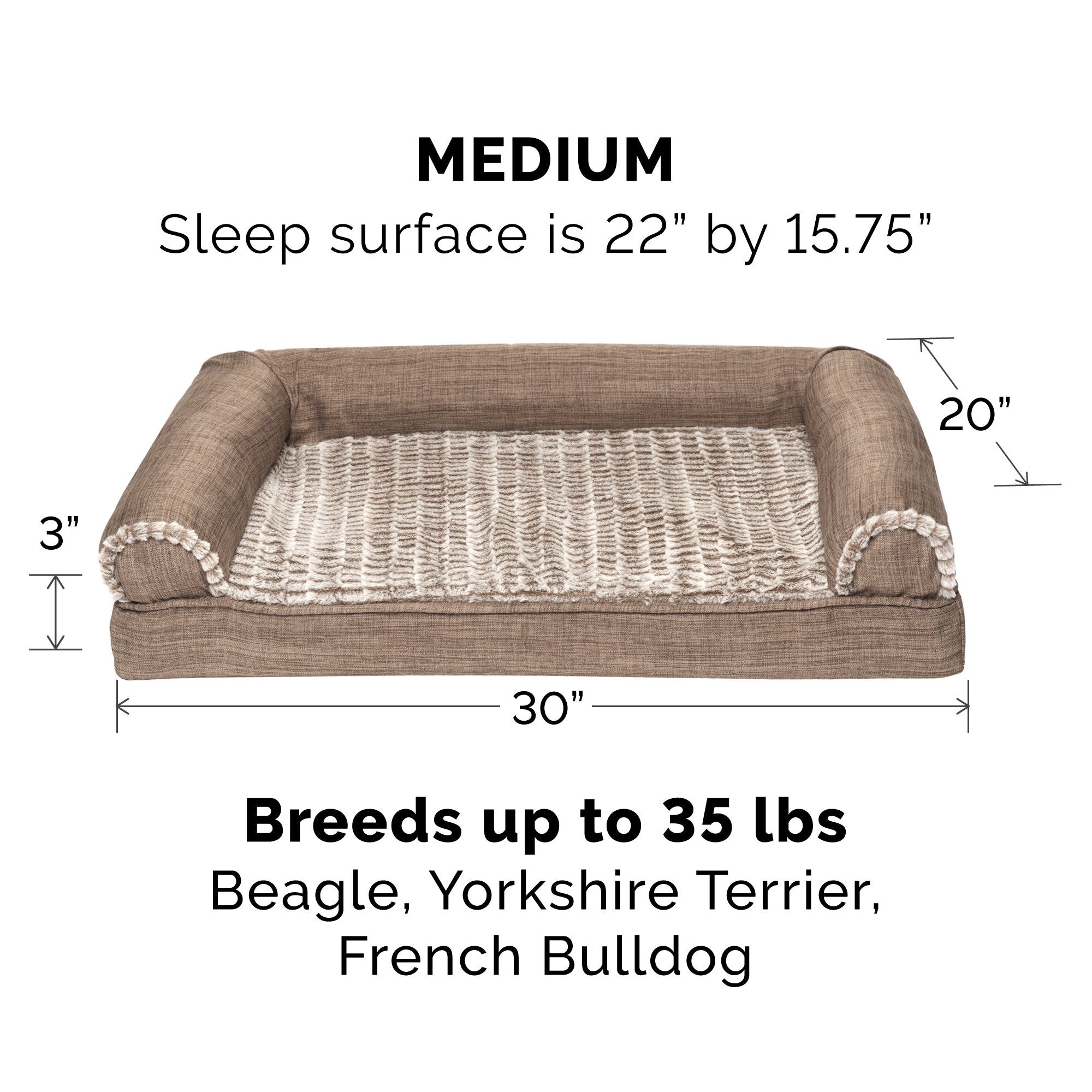 FurHaven Pet Products Orthopedic Luxe Fur and Performance Linen Sofa-Style Couch Pet Bed for Dogs and Cats， Woodsmoke， Medium