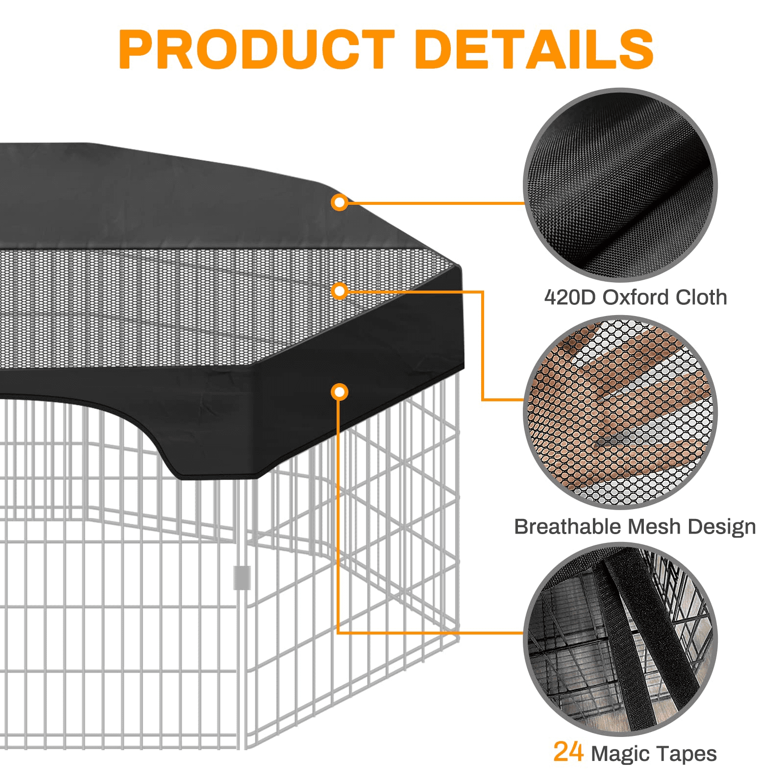 Pet Playpen Cover，24 Inches 8 Panels Dog Playpen Cover for Pets，420D Half Mesh Top Cover for Dog Playpen，Provide Shaded Areas Prevent Escape Outdoor Indoor Dog Pen Cover (Playpen Not Included)