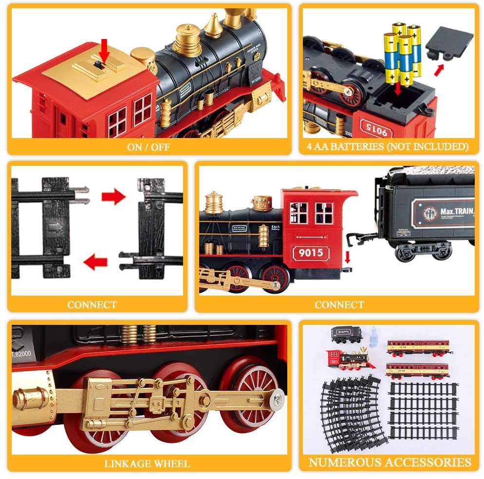 Temi Train Sets w/ Steam Locomotive Engine， Cargo Car and Tracks， Battery Operated Play Set Toy w/ Smoke， Light and Sounds， Perfect for Kids， Boys and Girls， Red