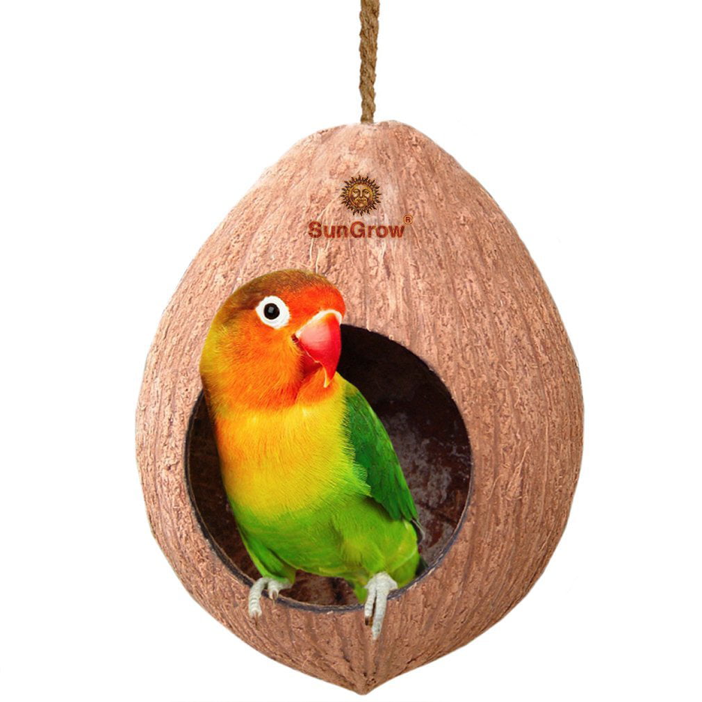 SunGrow Finch and Budgie Coconut Shell Breeding Nest and Bird Seed Storage， Shelter from Cold Weather and Tropical Garden Decor