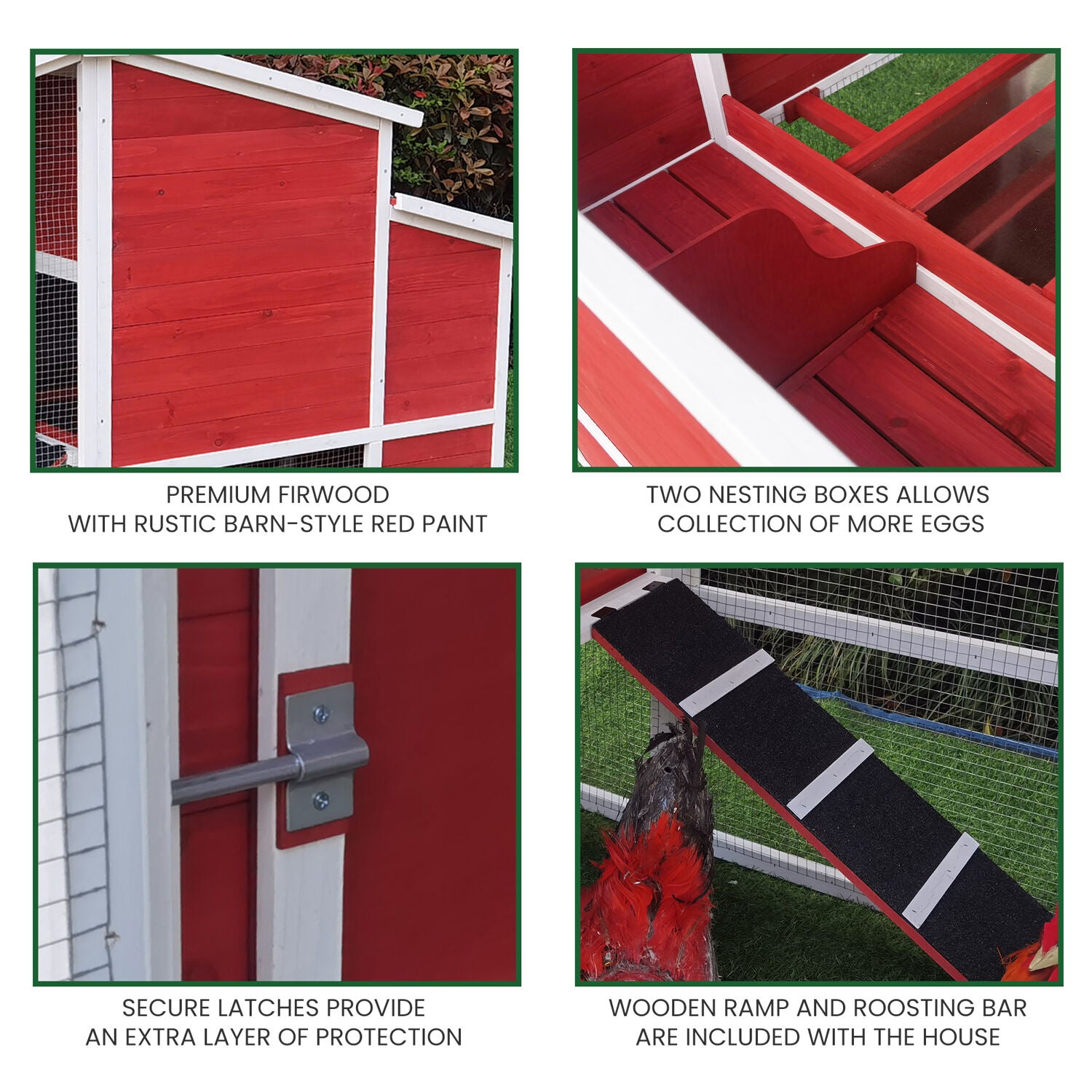 Hanover Outdoor Elevated Wooden Chicken Coop with Ramp， Wire Mesh Run， Waterproof Roof， Removable Tray， and External Door- HANCC0105-RED