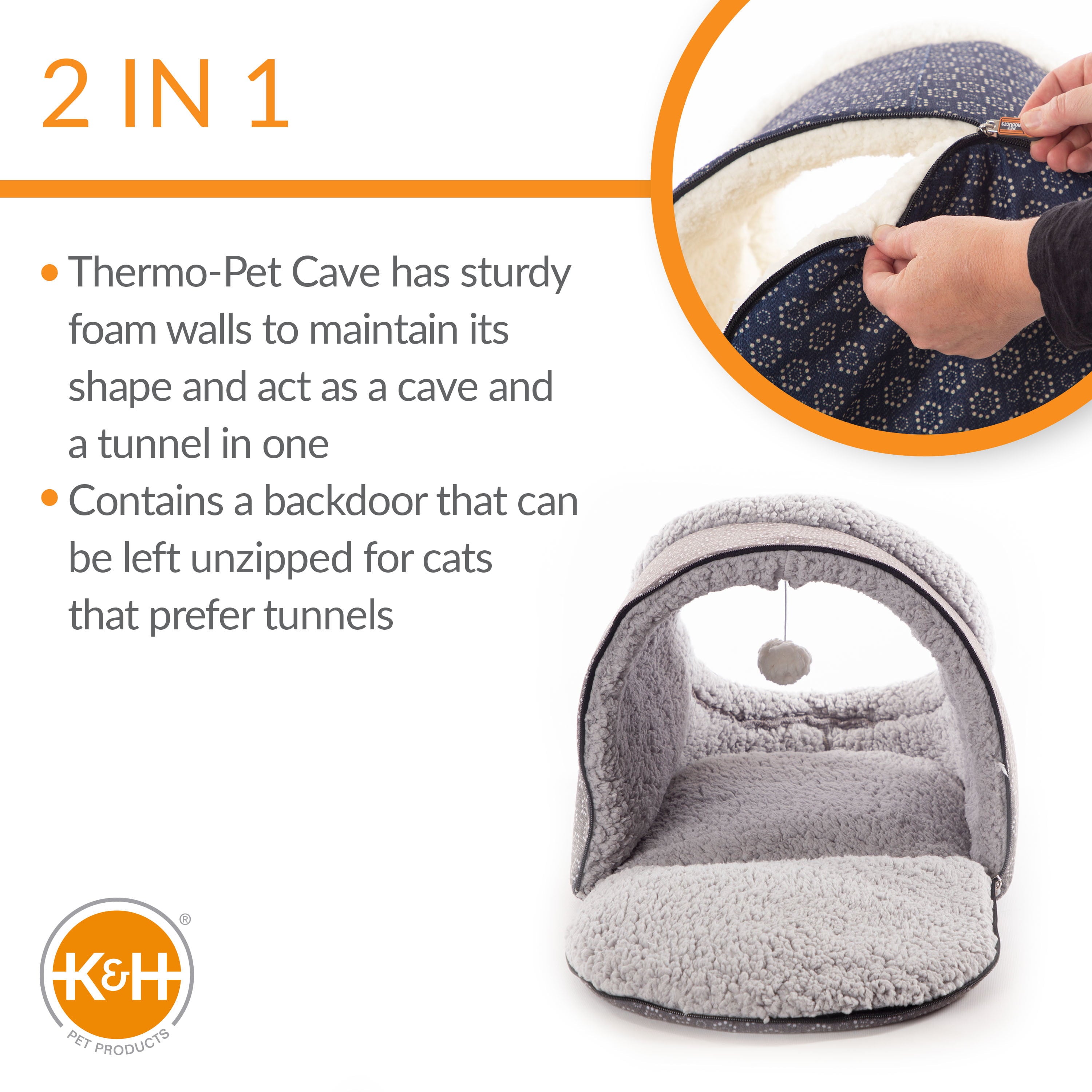 KandH Pet Products Thermo-Pet Cave Cat Bed Heated Gray/Geo Flower 17 X 15 X 13 Inches