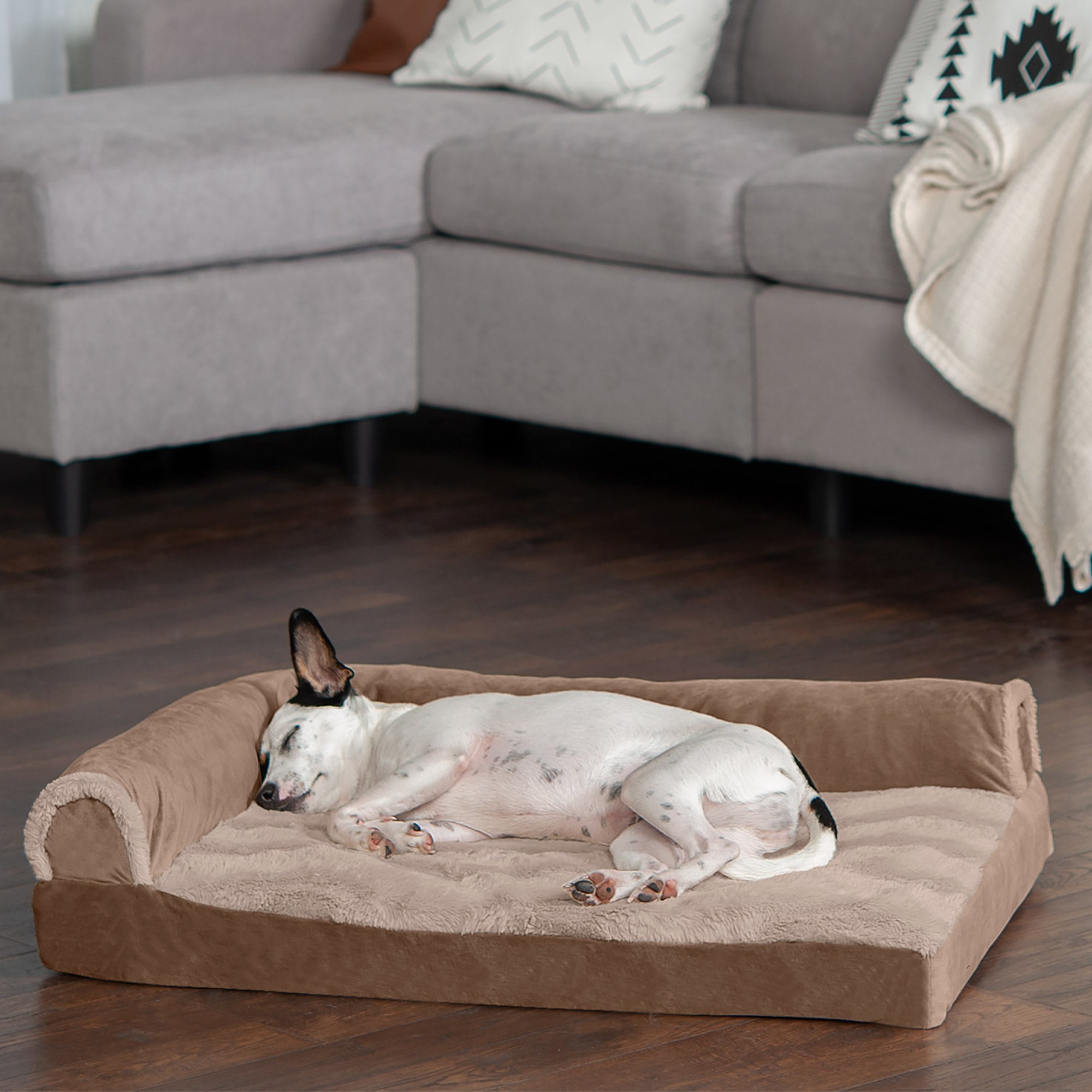 FurHaven | Deluxe Memory Foam Wave Fur and Velvet L-Chaise Lounge Pet Bed for Dogs and Cats， Brownstone， Medium