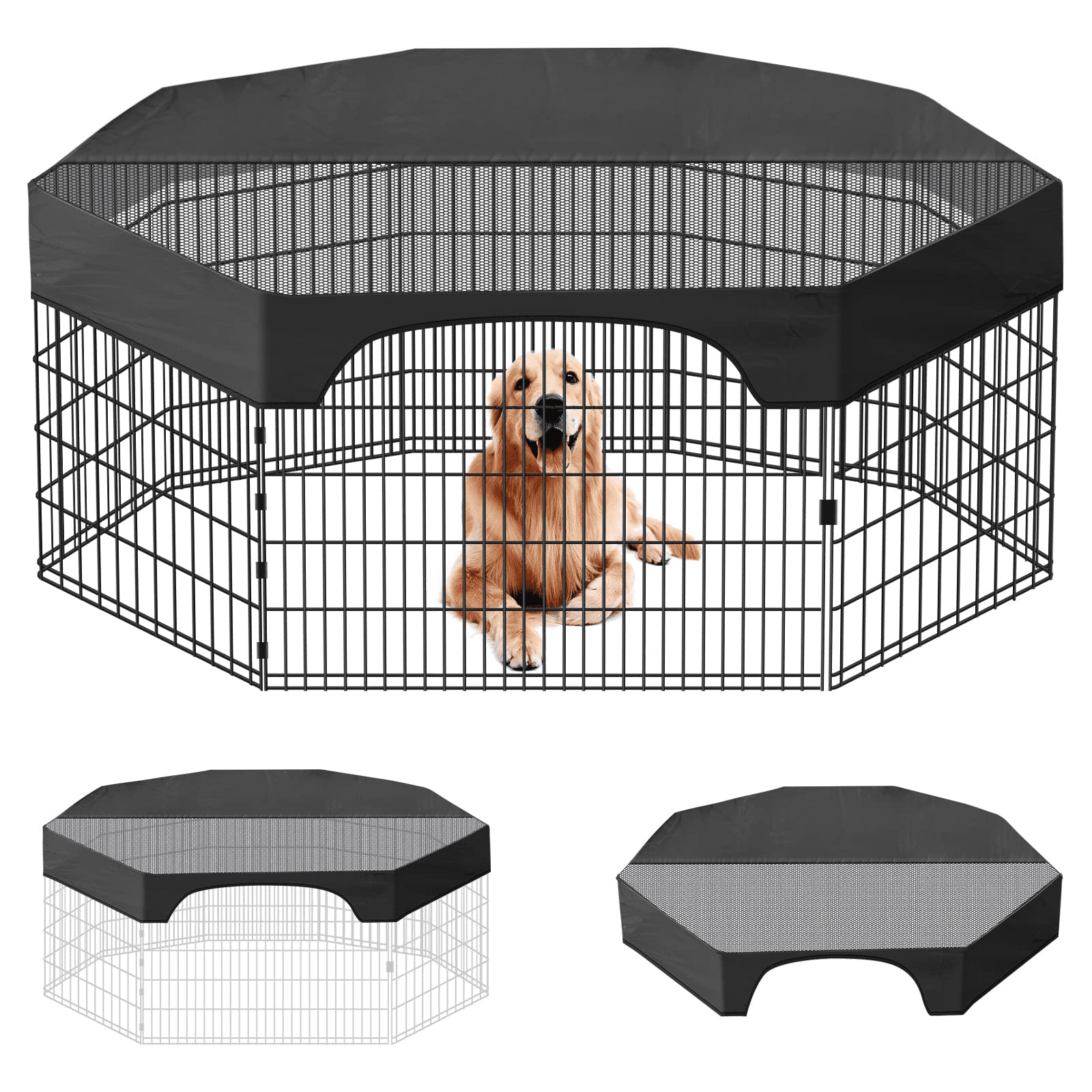Pet Playpen Cover，24 Inches 8 Panels Dog Playpen Cover for Pets，420D Half Mesh Top Cover for Dog Playpen，Provide Shaded Areas Prevent Escape Outdoor Indoor Dog Pen Cover (Playpen Not Included)