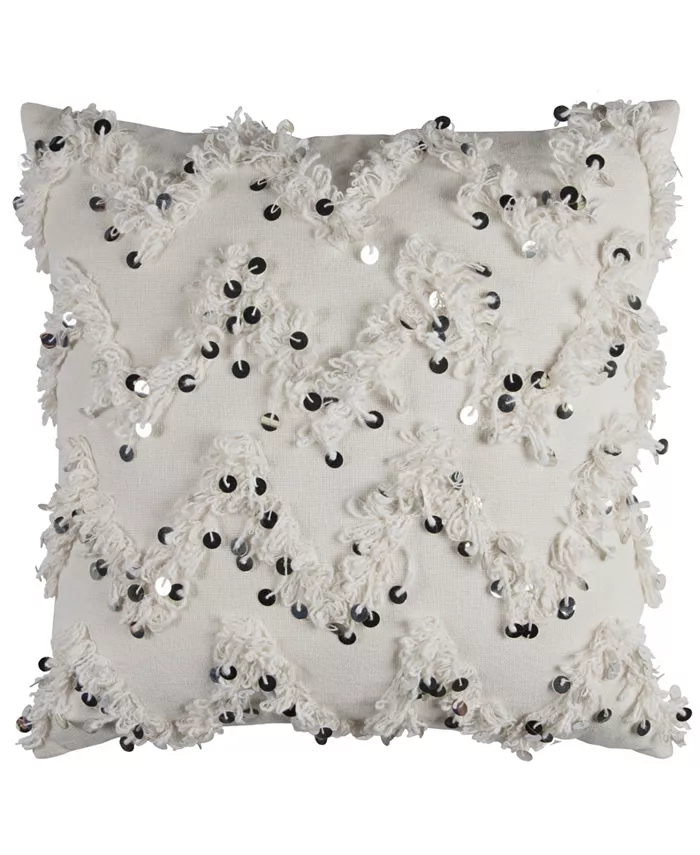 Rizzy Home Textured Fringe and Sequinned Polyester Filled Decorative Pillow， 20