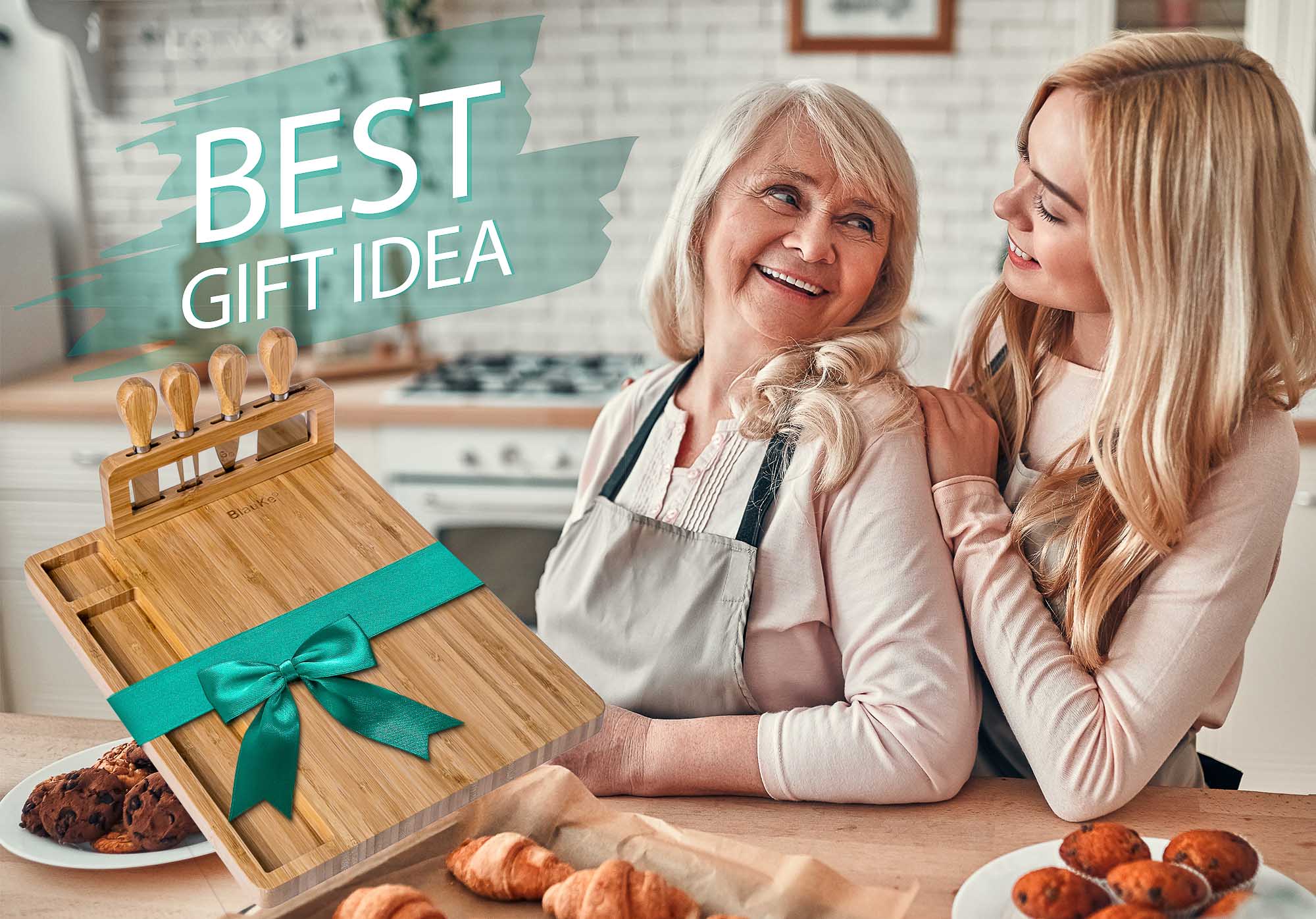 BlauKe® Bamboo Cheese Board and Knife Set 14x11 inch – Wood Cheese Cutting Board， Serving Tray Platter， Charcuterie Board Set with 4 Cheese Knives