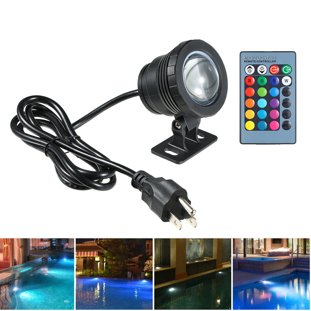 AC85-265V 10W RGB LED Underwater Light Submersible Lamp with Remote Control 16 Colors Changing Flash/ Strobe/ Fade/ Smooth 4 Lighting Effects IP65 Water-resistant (most 1m) Design for Pool Aquarium Po