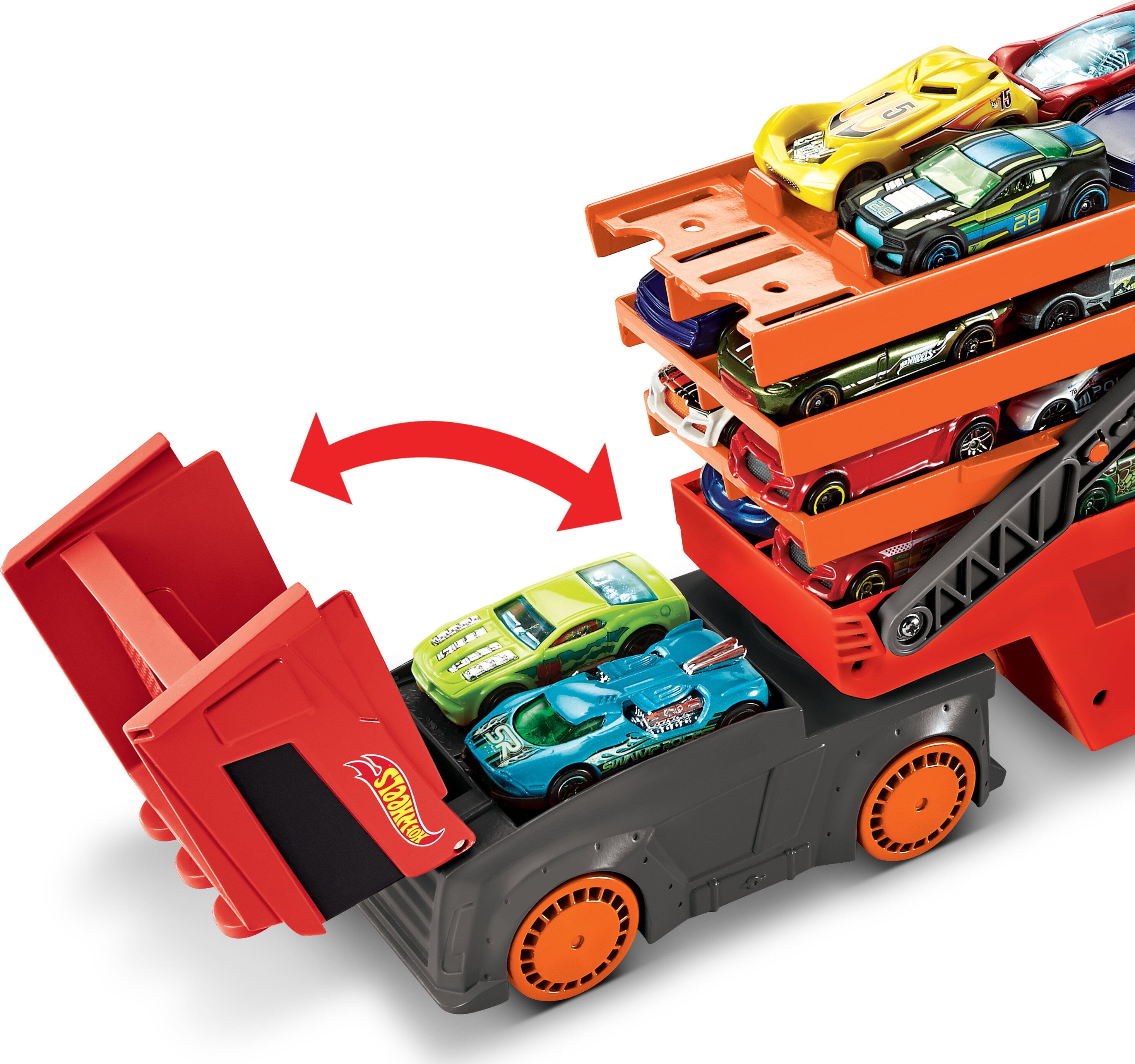 Hot Wheels Mega Hauler with 6 Expandable Levels， Stores up to 50 1:64 Scale Toy Vehicles
