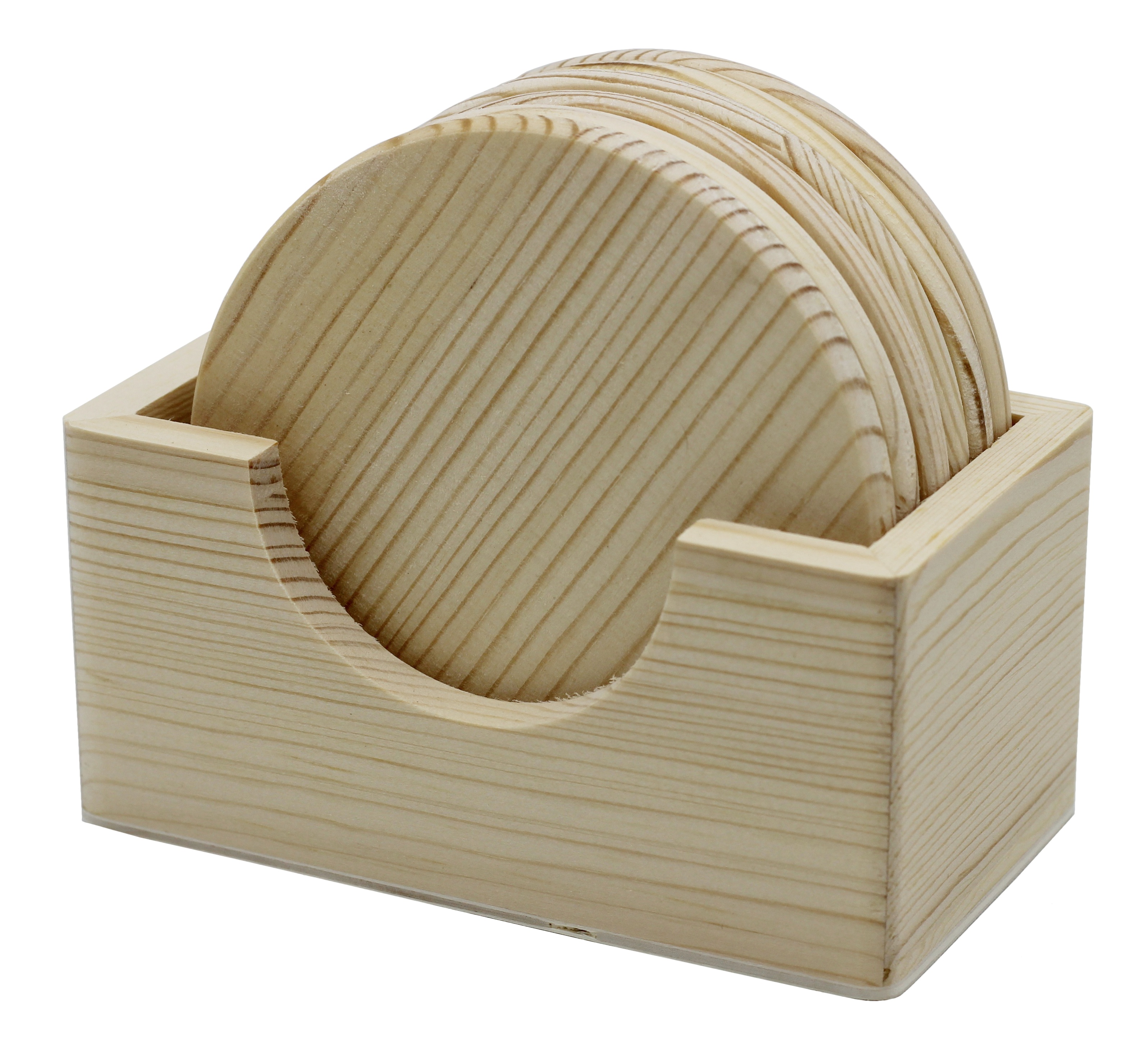 6 Pack of Unfinished Wood Coasters with Holder – 4 Inch Round Wooden Coaster DIY Craft， Sanded and Ready to Decorate， Paint or Stain