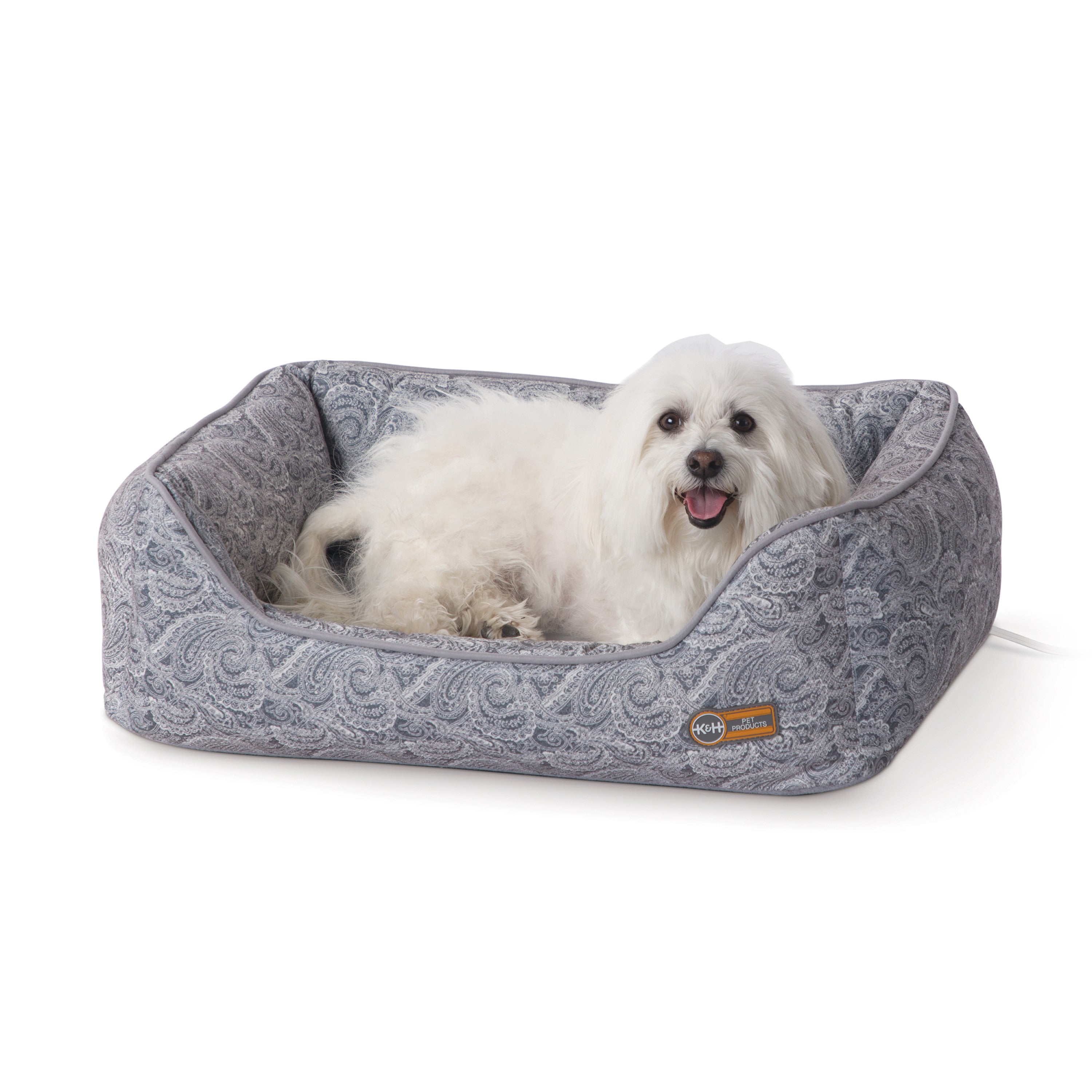 KandH Pet Products Thermo-Water Bolster Heating and Cooling Dog Bed Gray Paisley Medium 20 X 26 Inches