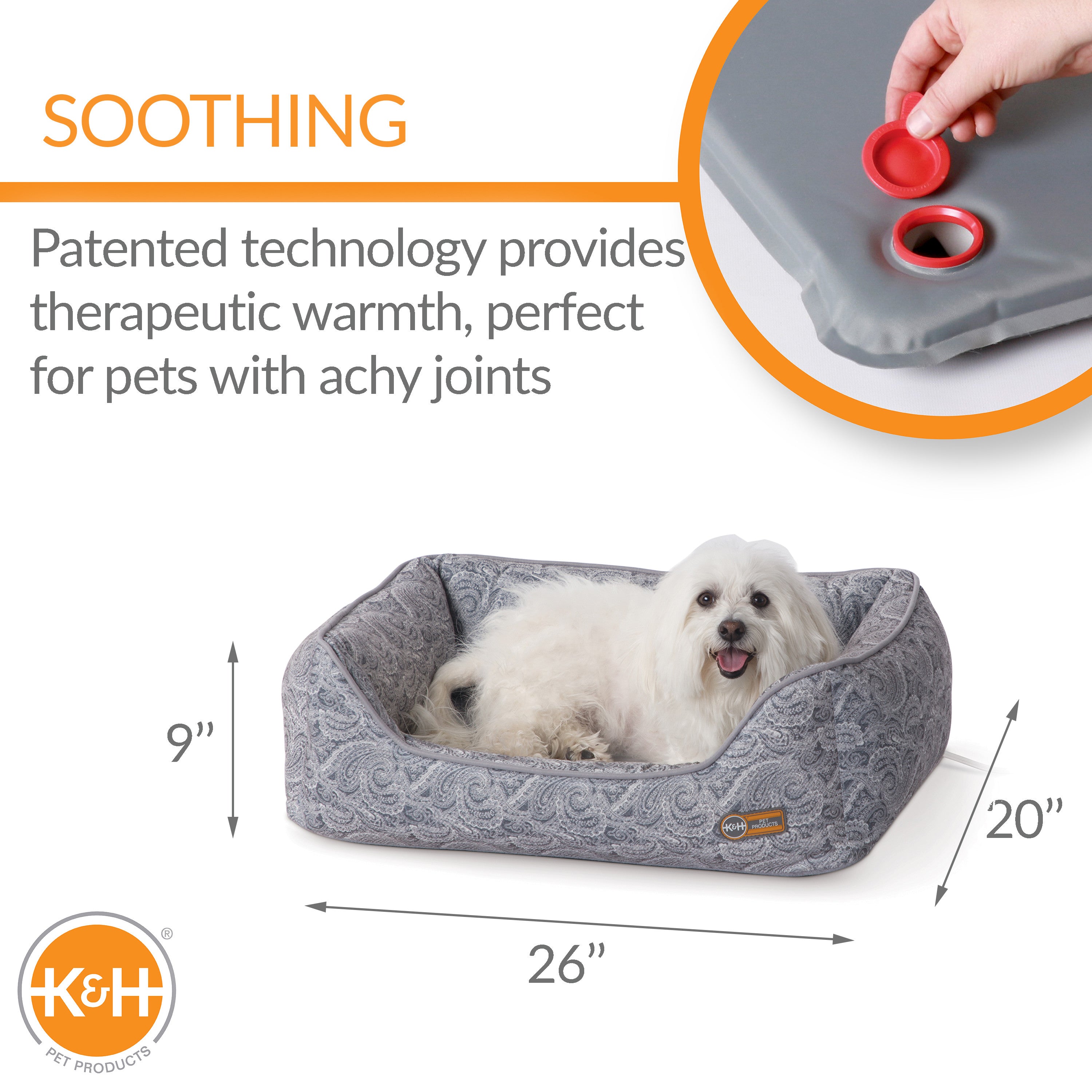 KandH Pet Products Thermo-Water Bolster Heating and Cooling Dog Bed Gray Paisley Medium 20 X 26 Inches