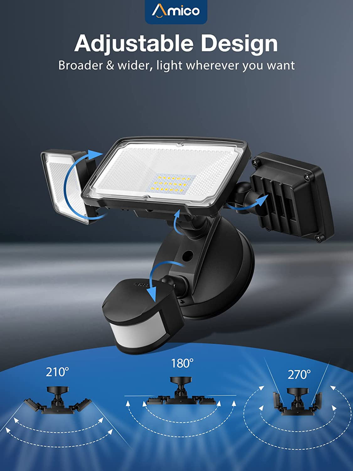 Amico 3 Head LED Security Lights with Motion Sensor， Adjustable 40W， 4000LM， 5000K， IP65 Waterproof， Exterior Flood Light for Garage， Yard（Black)