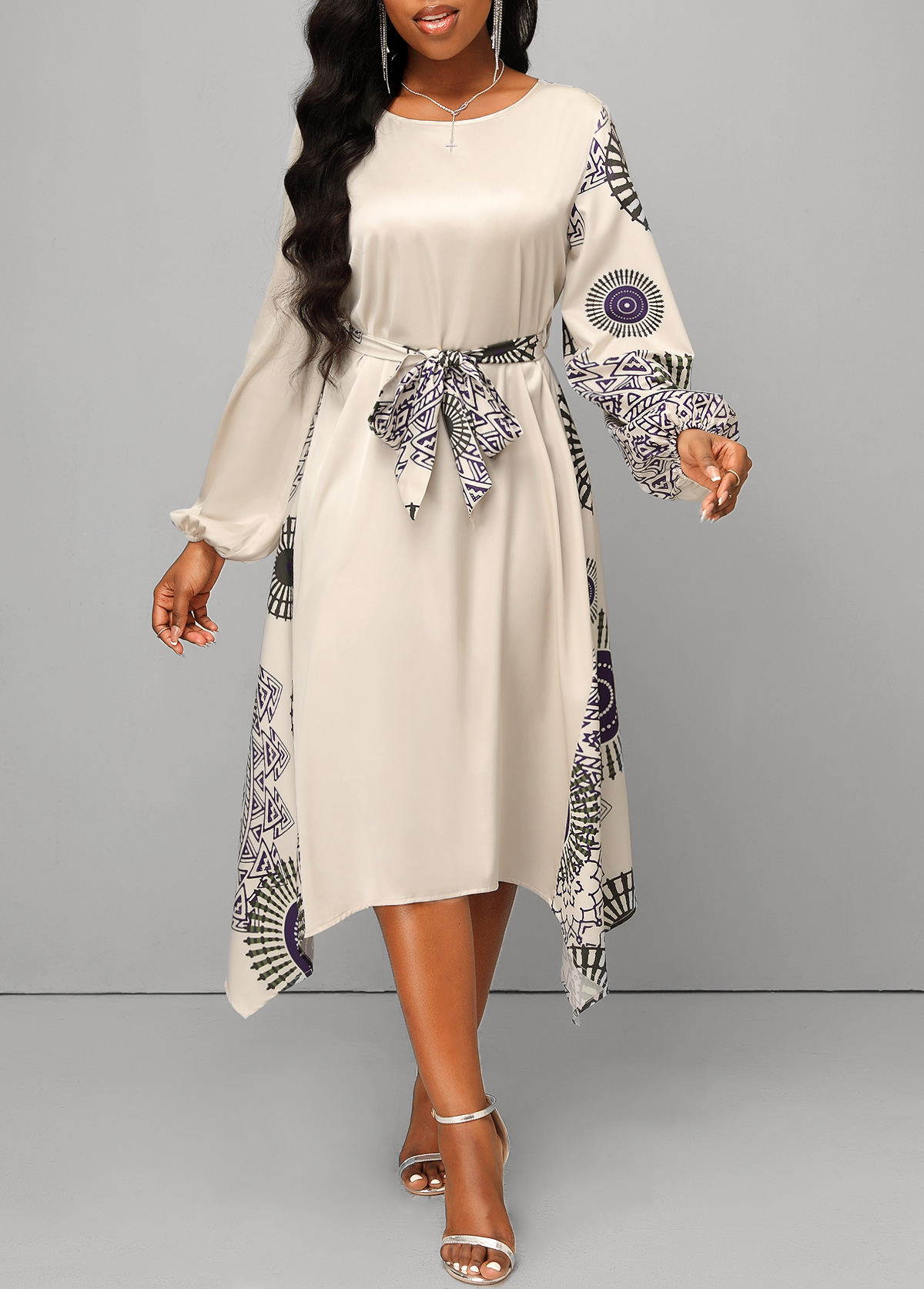 Tribal Print Handkerchief Hem Belted Beige Dress
